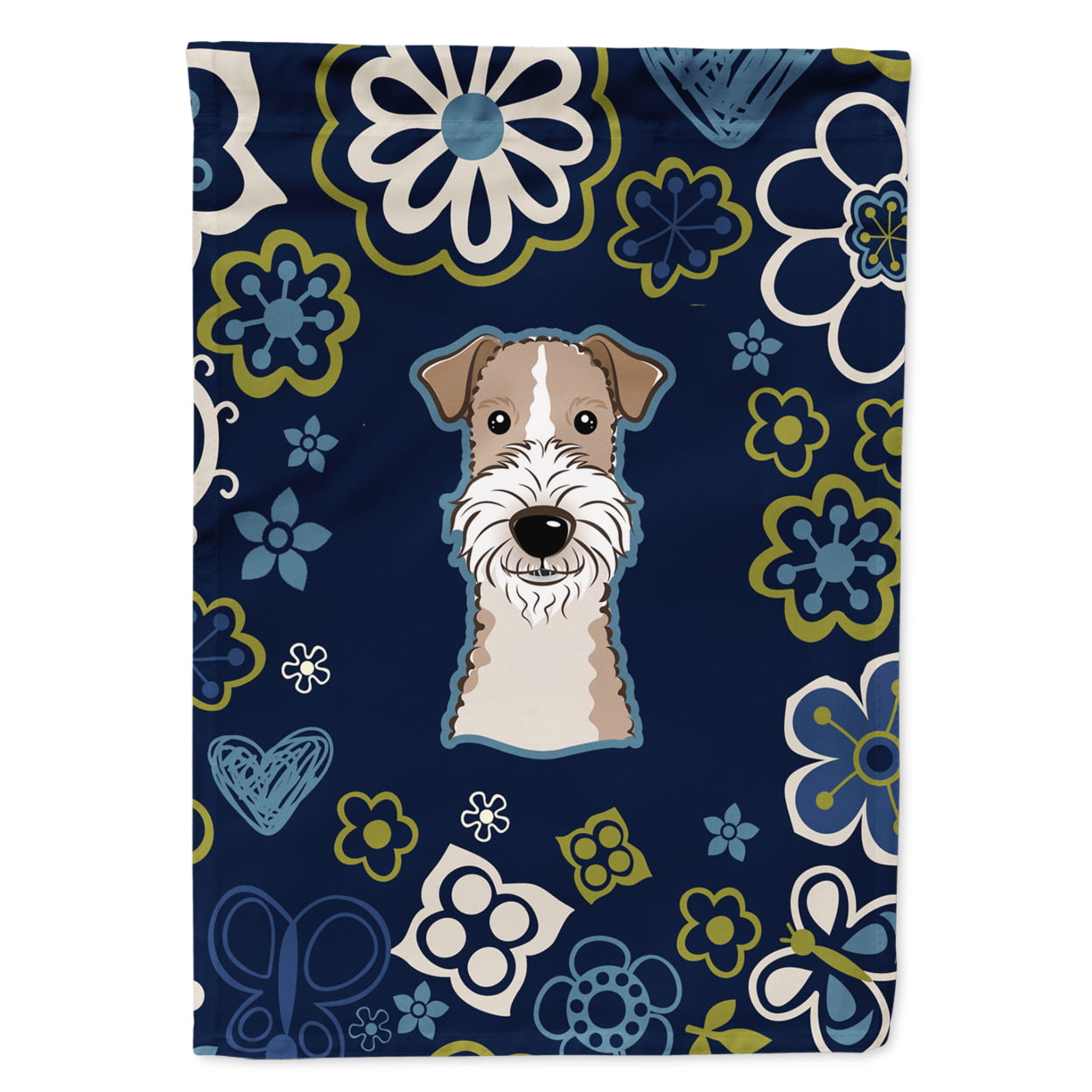 Blue Flowers Wire Haired Fox Terrier Garden Size Flag