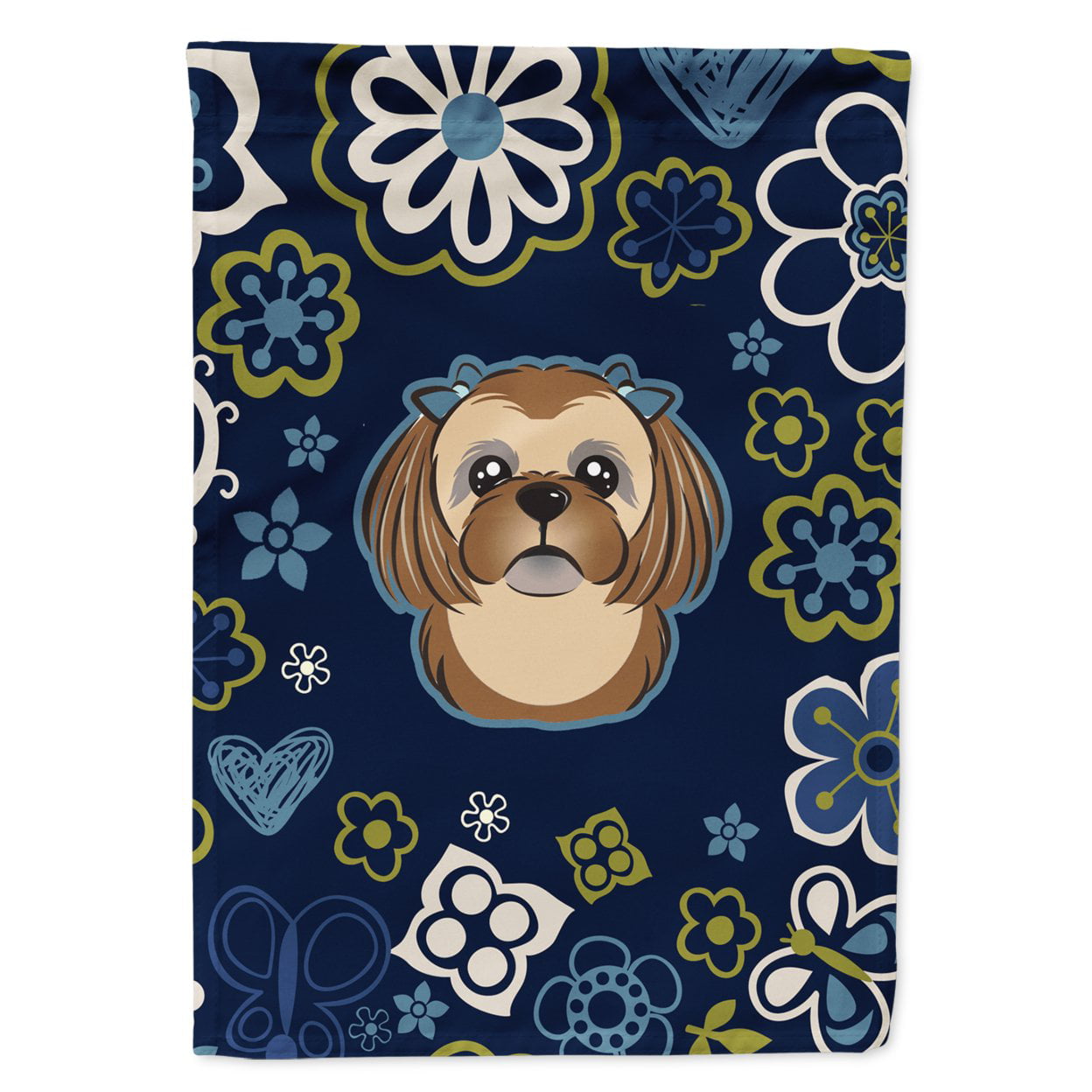 Blue Flowers Chocolate & Brown Shih Tzu Garden Size Flag