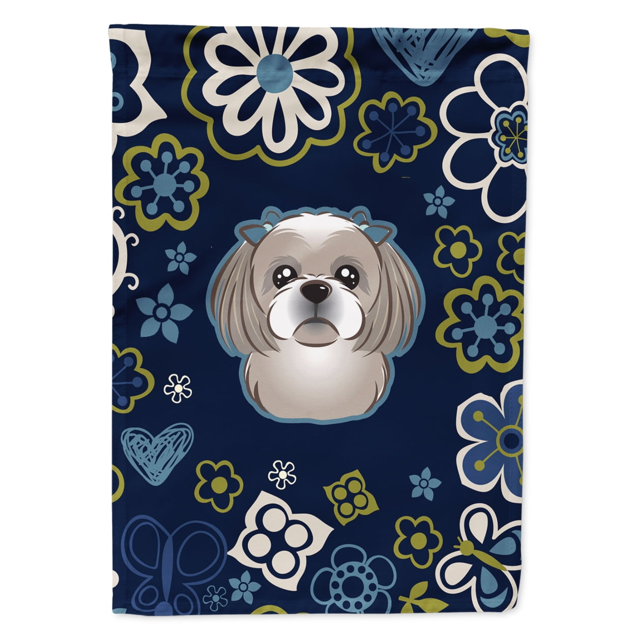 Blue Flowers Gray & Silver Shih Tzu Garden Size Flag