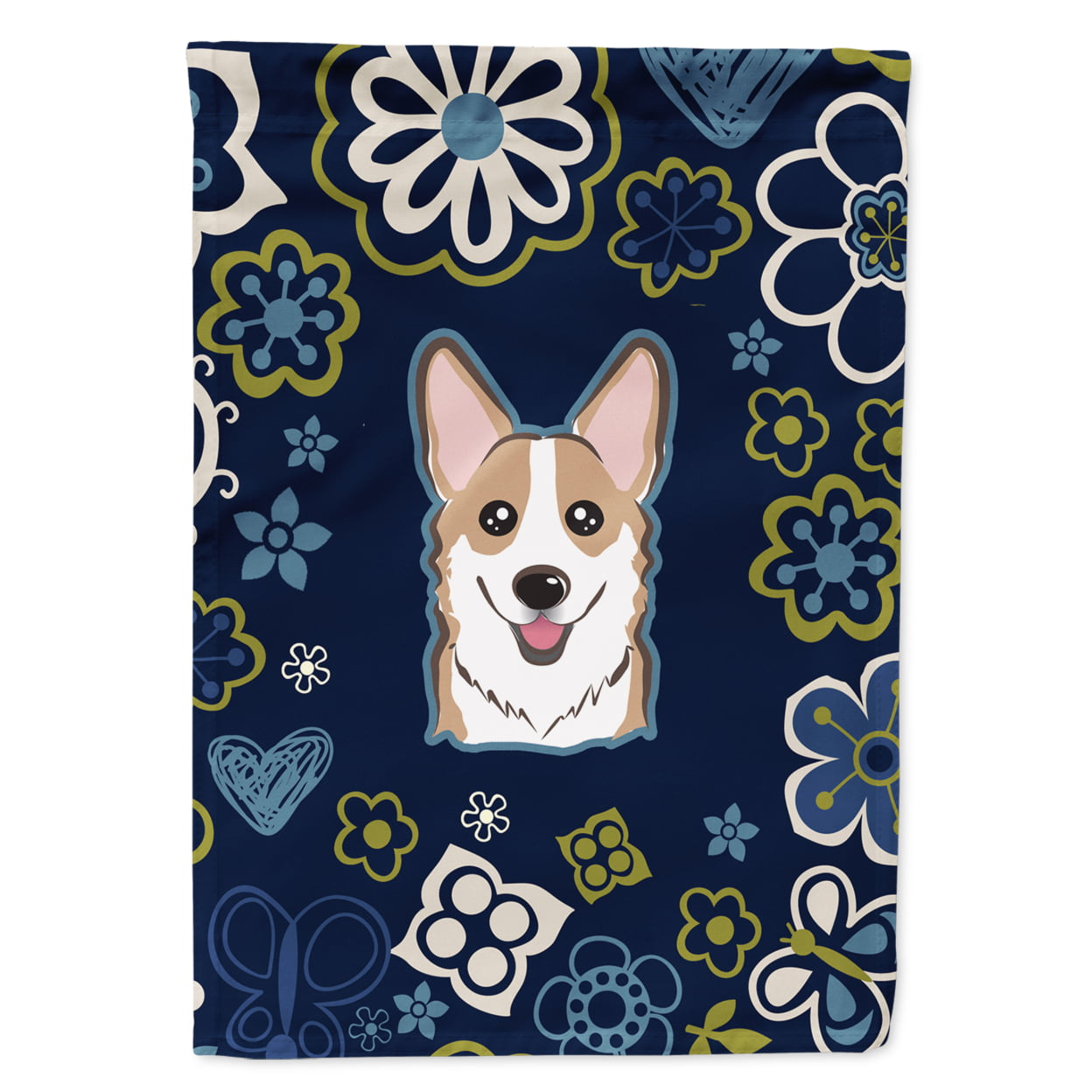 Blue Flowers Sable Corgi Garden Size Flag