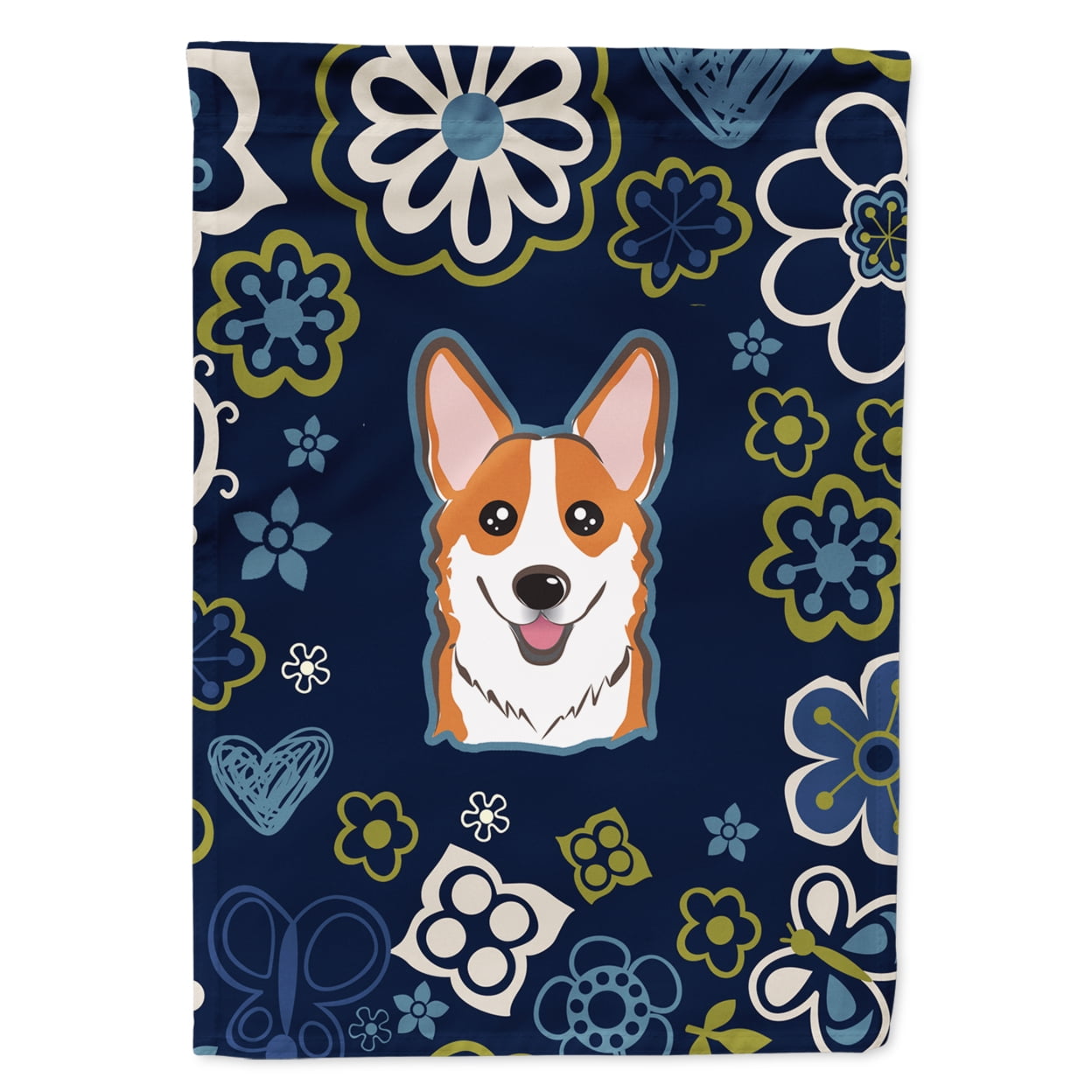 Blue Flowers Red Corgi Garden Size Flag