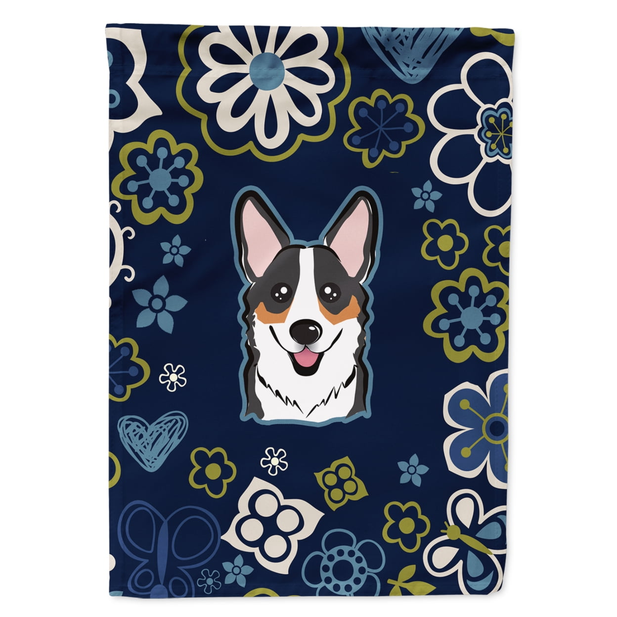 Blue Flowers Tricolor Corgi Garden Size Flag