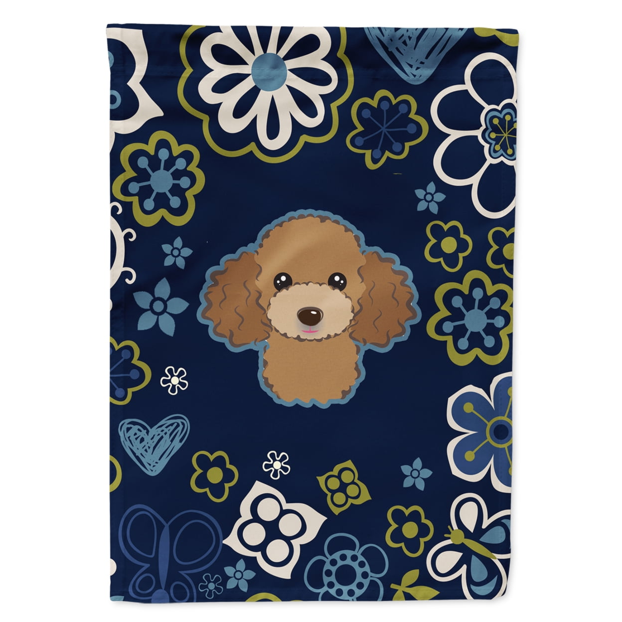 Blue Flowers Chocolate & Brown Poodle Garden Size Flag