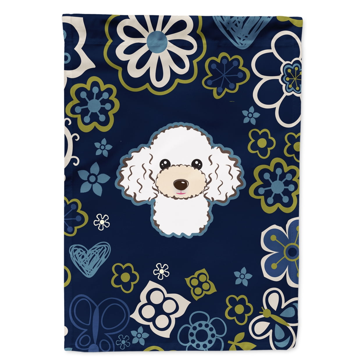 Blue Flowers White Poodle Garden Size Flag
