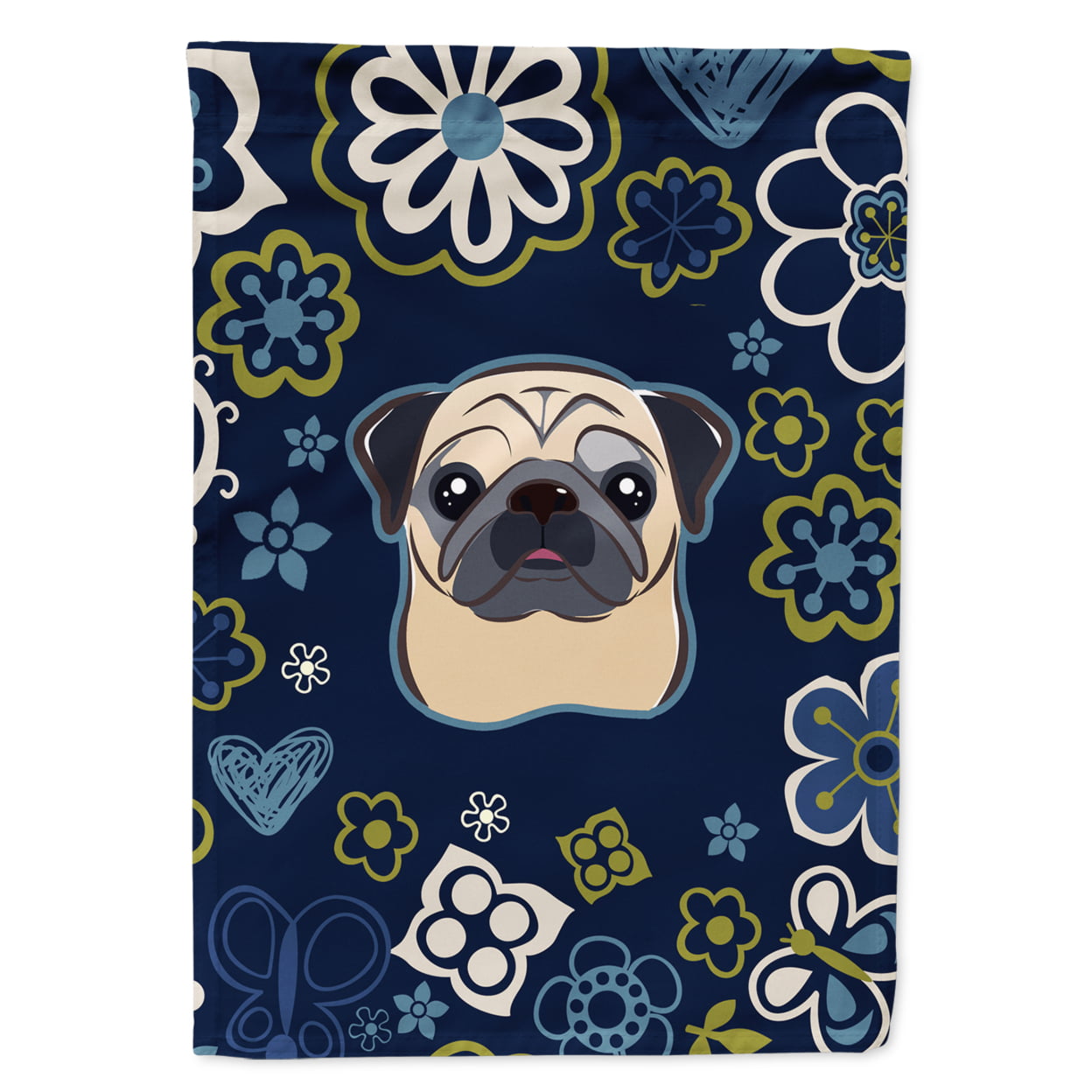 Blue Flowers Fawn Pug Garden Size Flag