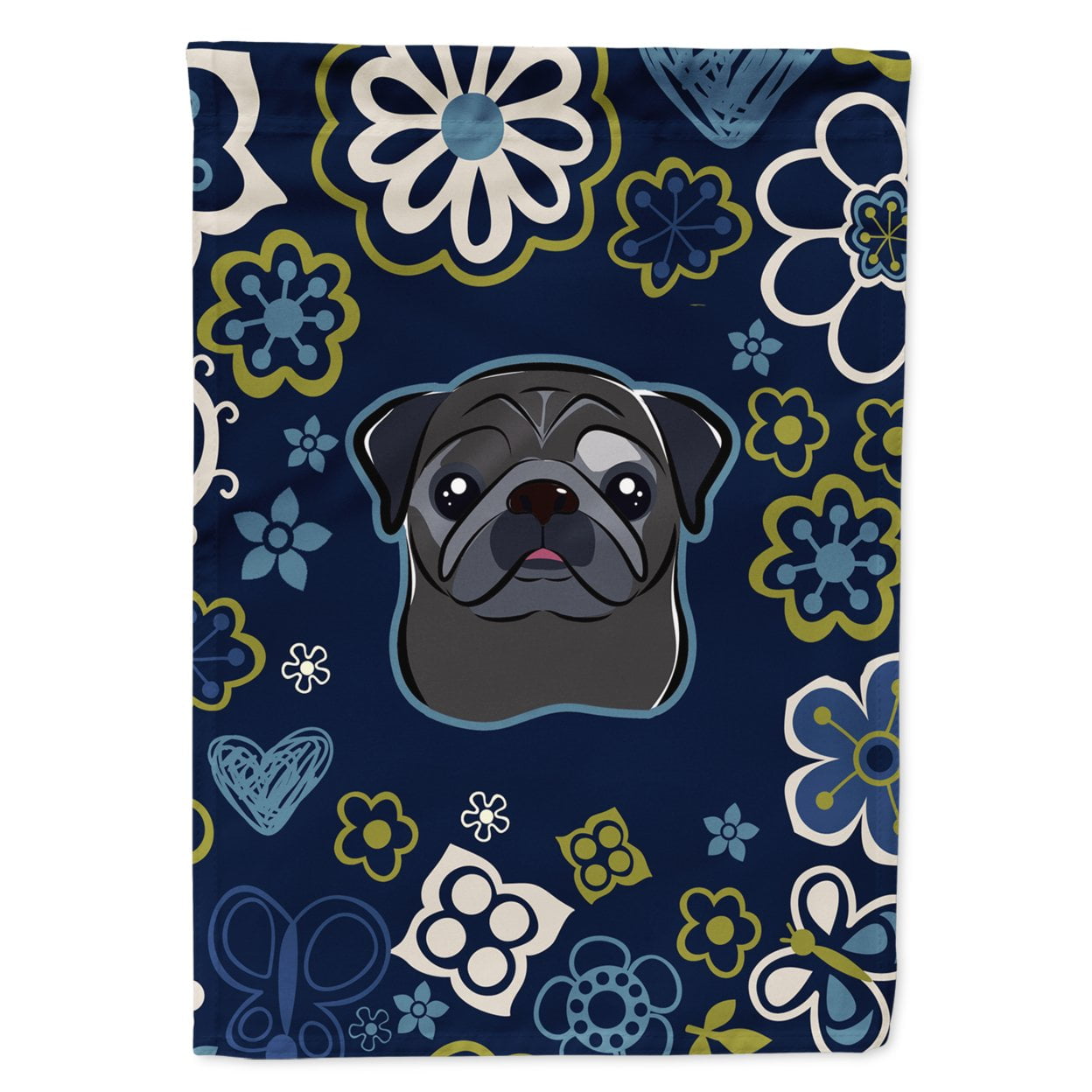 Blue Flowers Black Pug Garden Size Flag