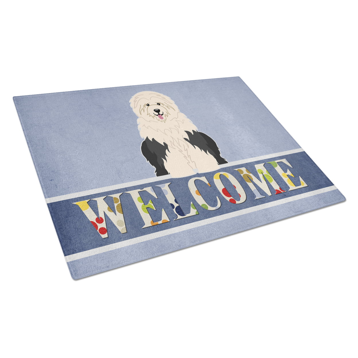 BB5677LCB Old English Sheepdog Welcome Glass Cutting Board - Large