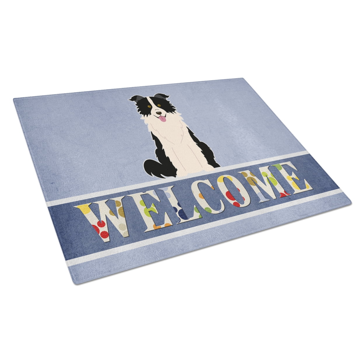 Border Collie Black & White Welcome Glass Cutting Board - Large