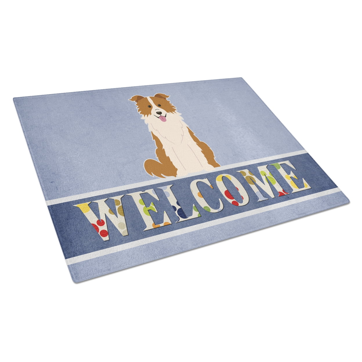 BB5700LCB Border Collie Red White Welcome Glass Cutting Board - Large