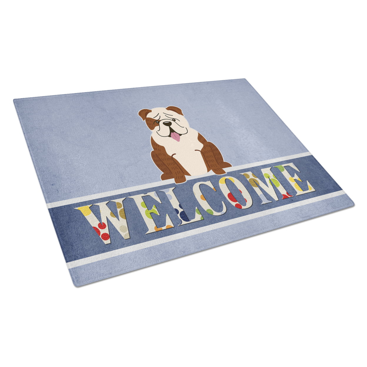 English Bulldog Brindle White Welcome Glass Cutting Board - Large
