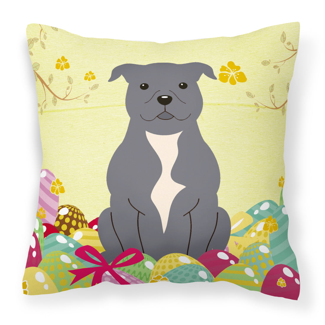 Easter Eggs Staffordshire Bull Terrier Blue Fabric Decorative Pillow