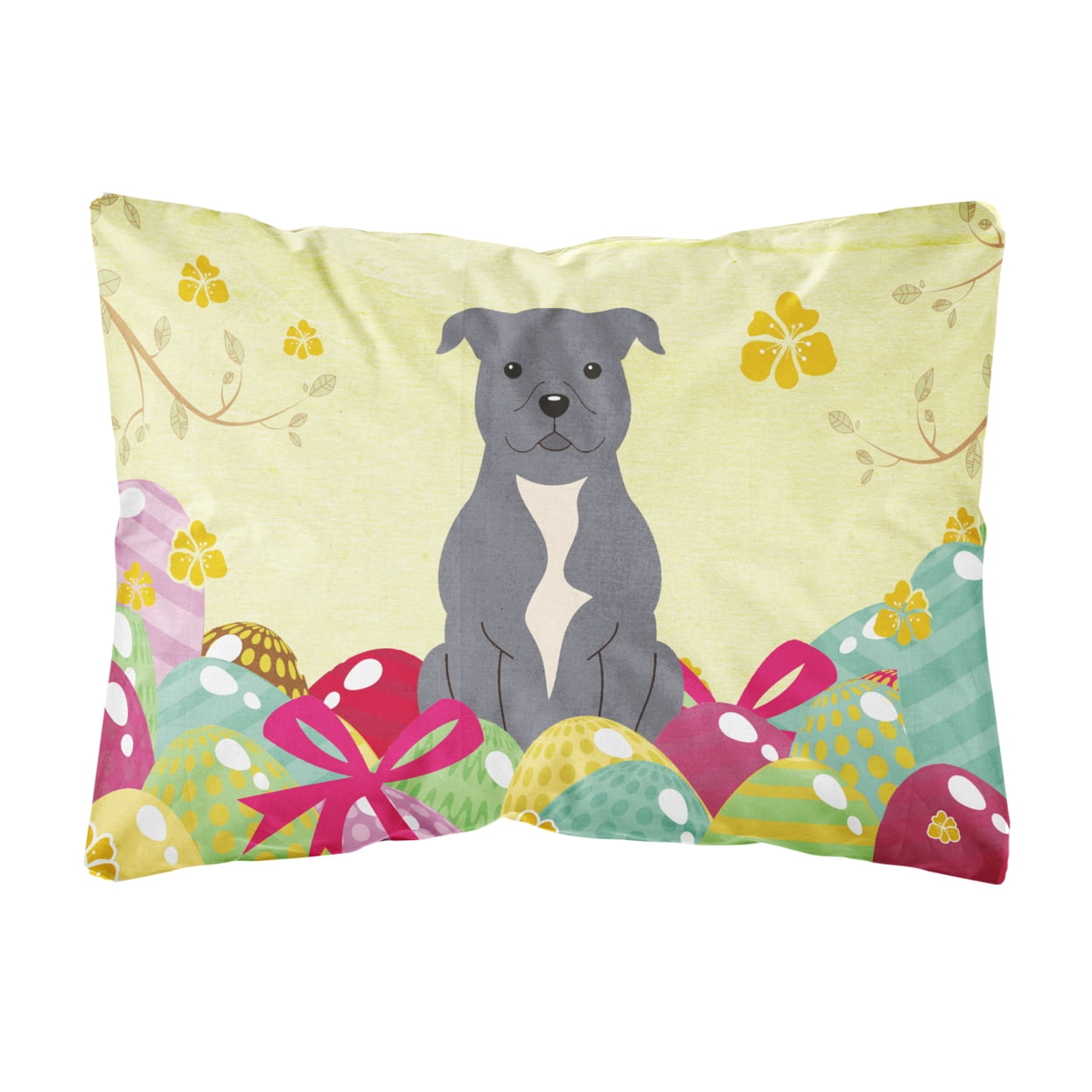 Easter Eggs Staffordshire Bull Terrier Blue Canvas Fabric Decorative Pillow