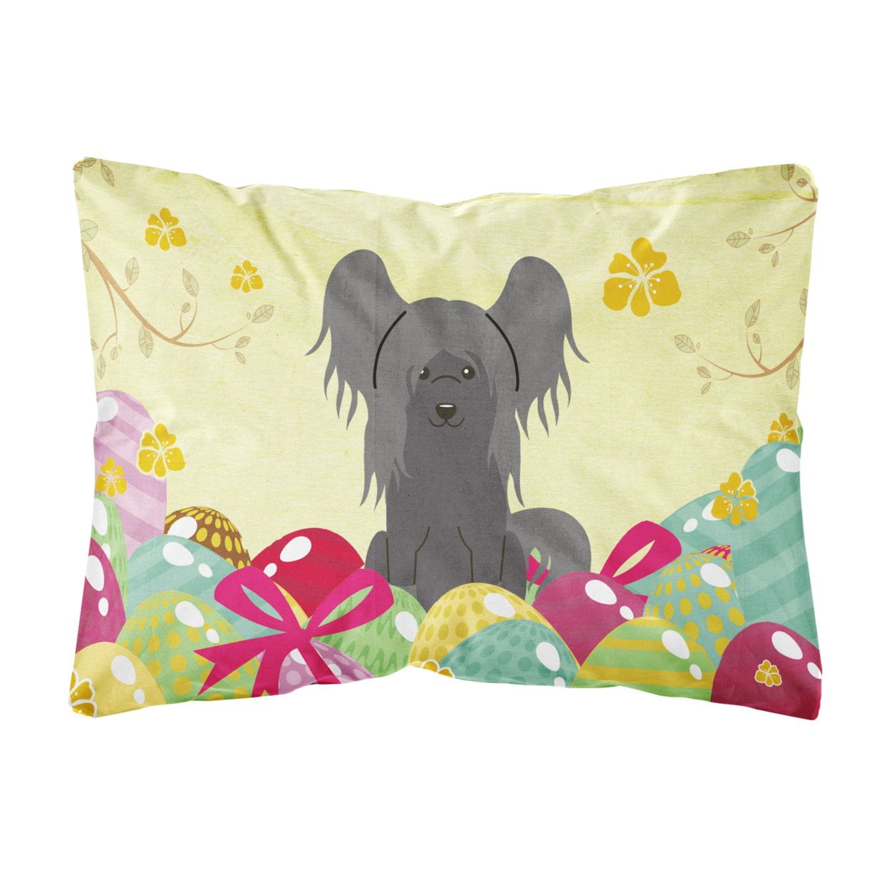 BB6112PW1216 Easter Eggs Chinese Crested Black Canvas Fabric Decorative Pillow