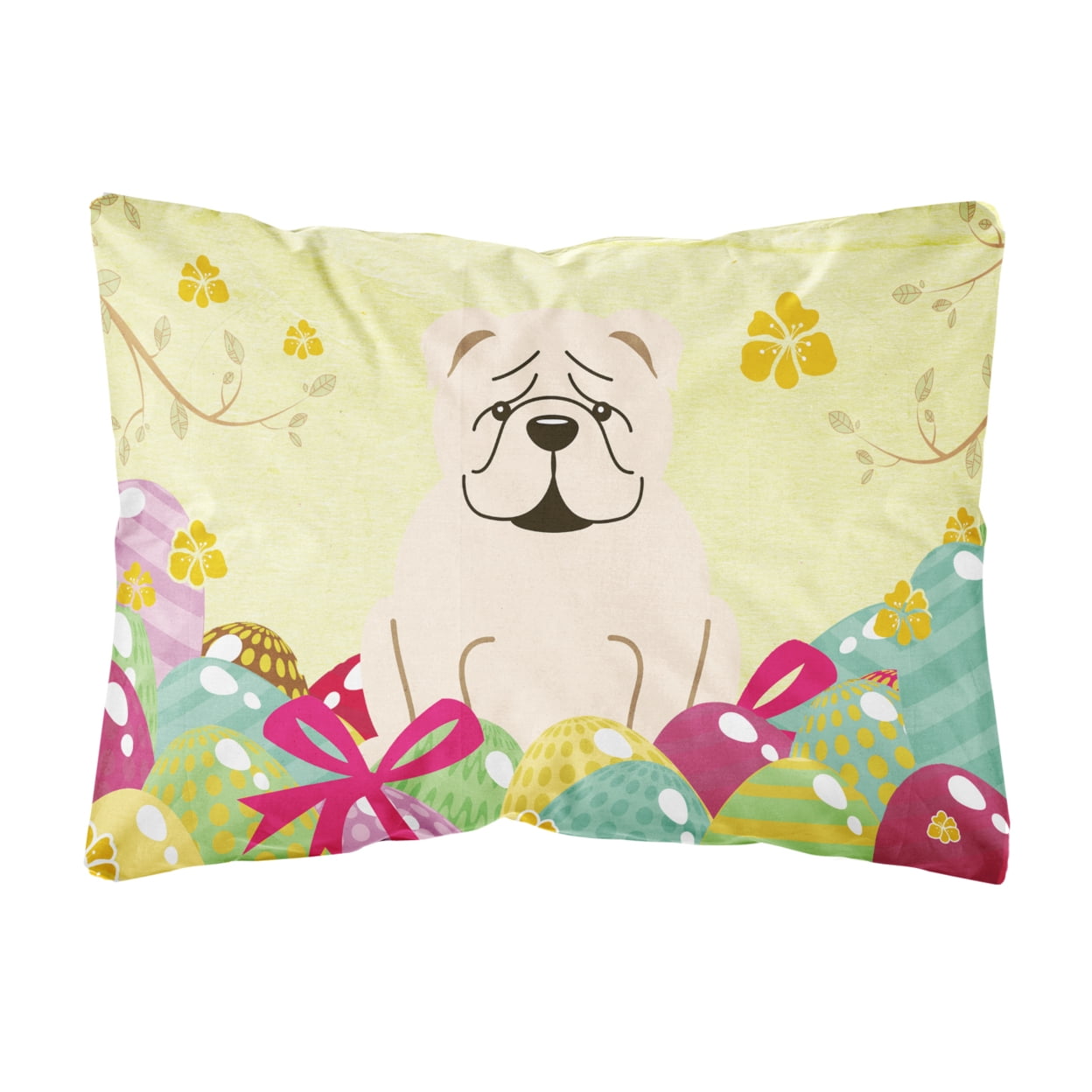Easter Eggs English Bulldog White Canvas Fabric Decorative Pillow