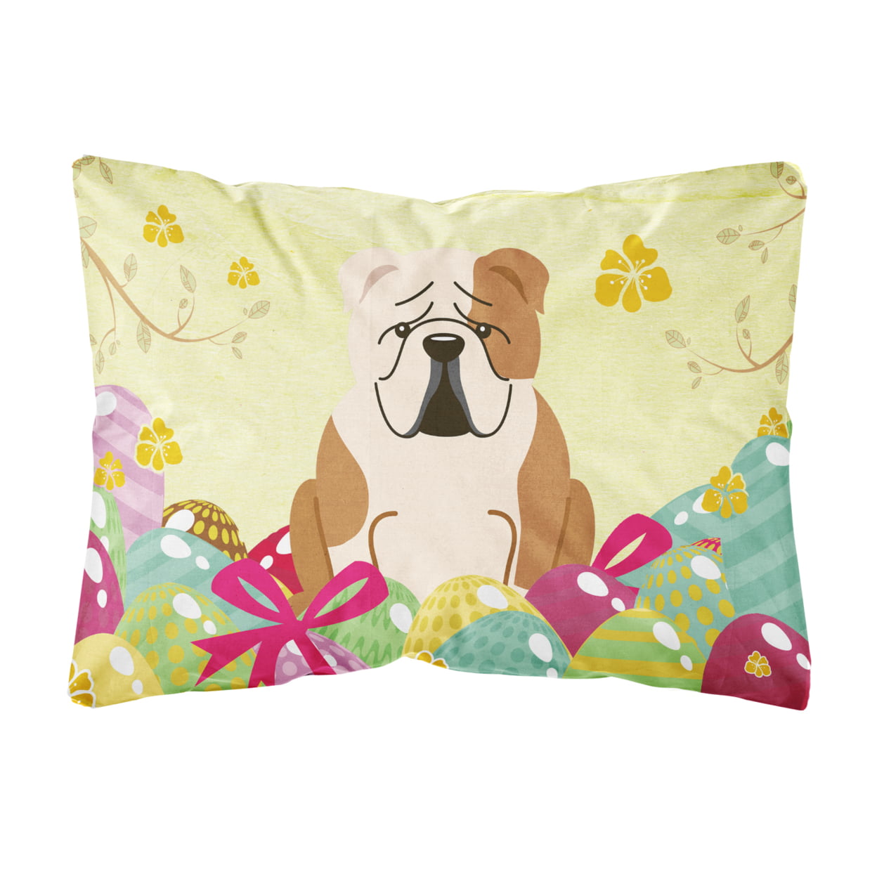 Easter Eggs English Bulldog Fawn White Canvas Fabric Decorative Pillow