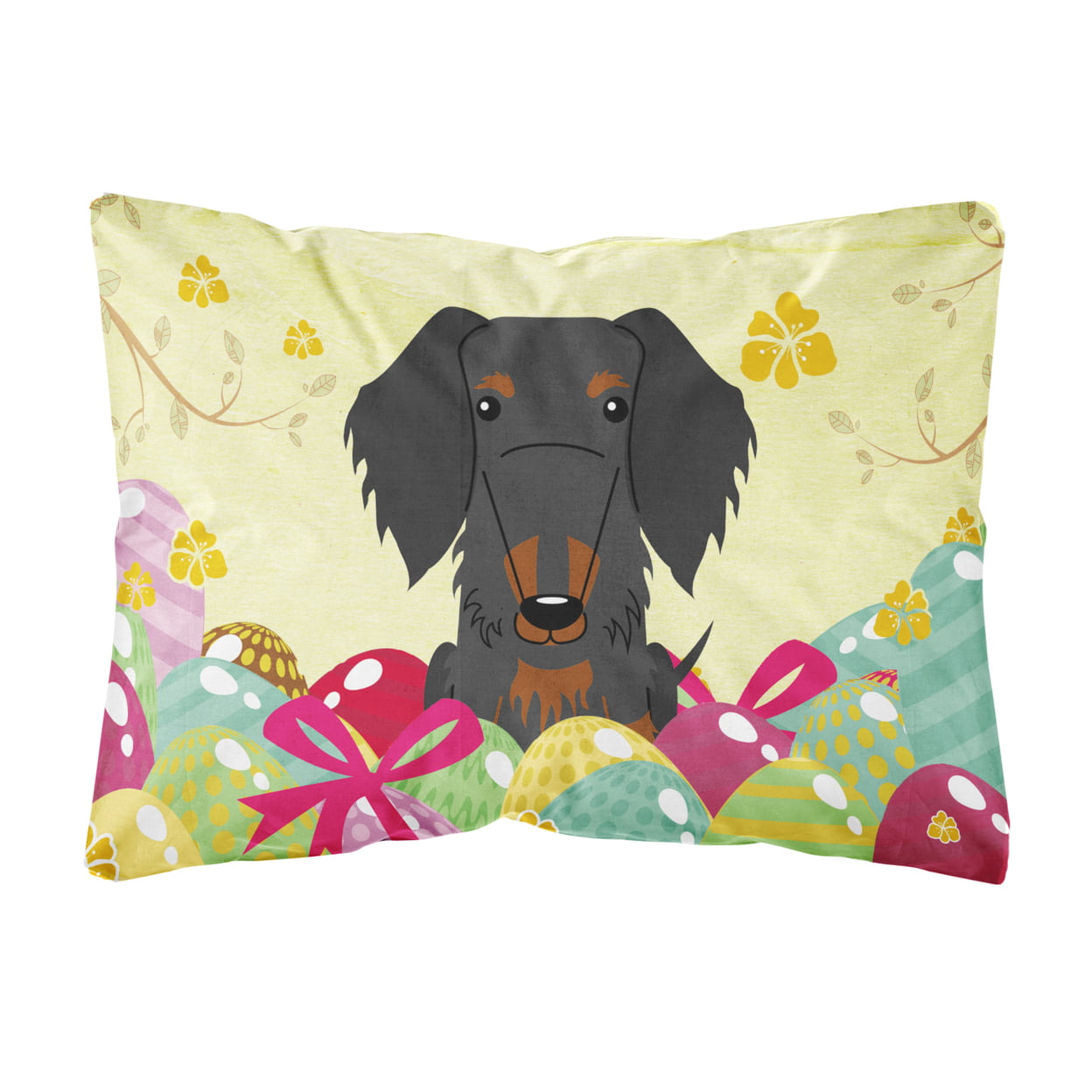 Easter Eggs Wire Haired Dachshund Black Tan Canvas Fabric Decorative Pillow