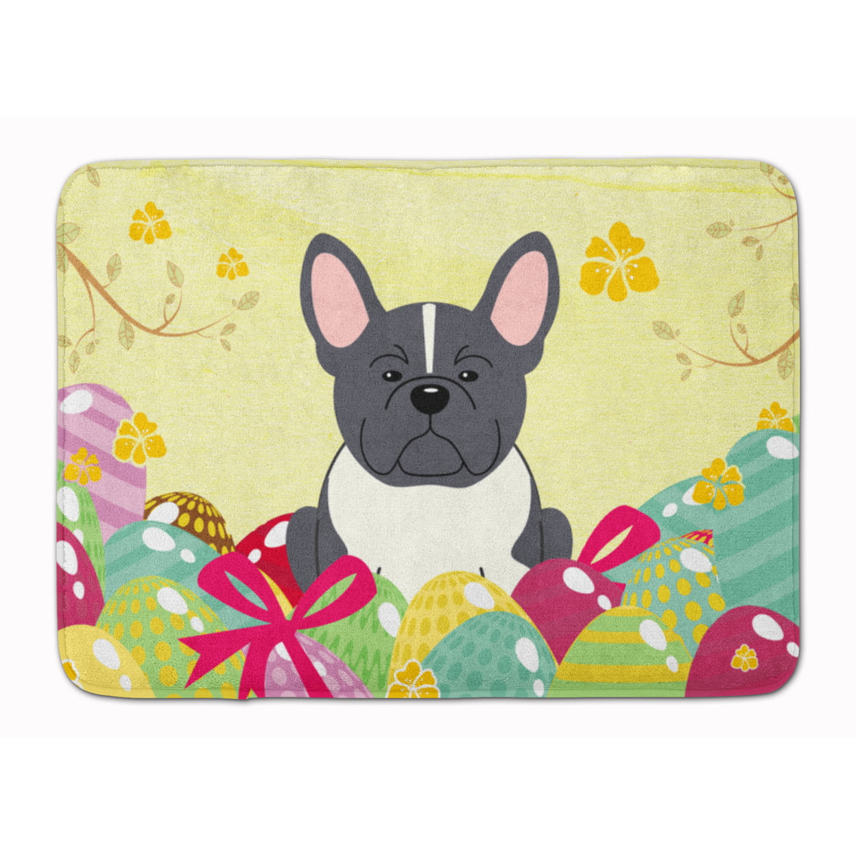 Easter Eggs French Bulldog Black & White Machine Washable Memory Foam Mat