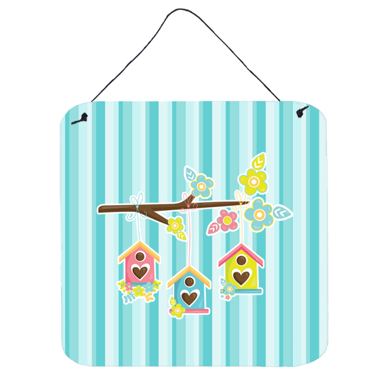 Birdhouses on Blue Stripes Wall or Door Hanging Prints