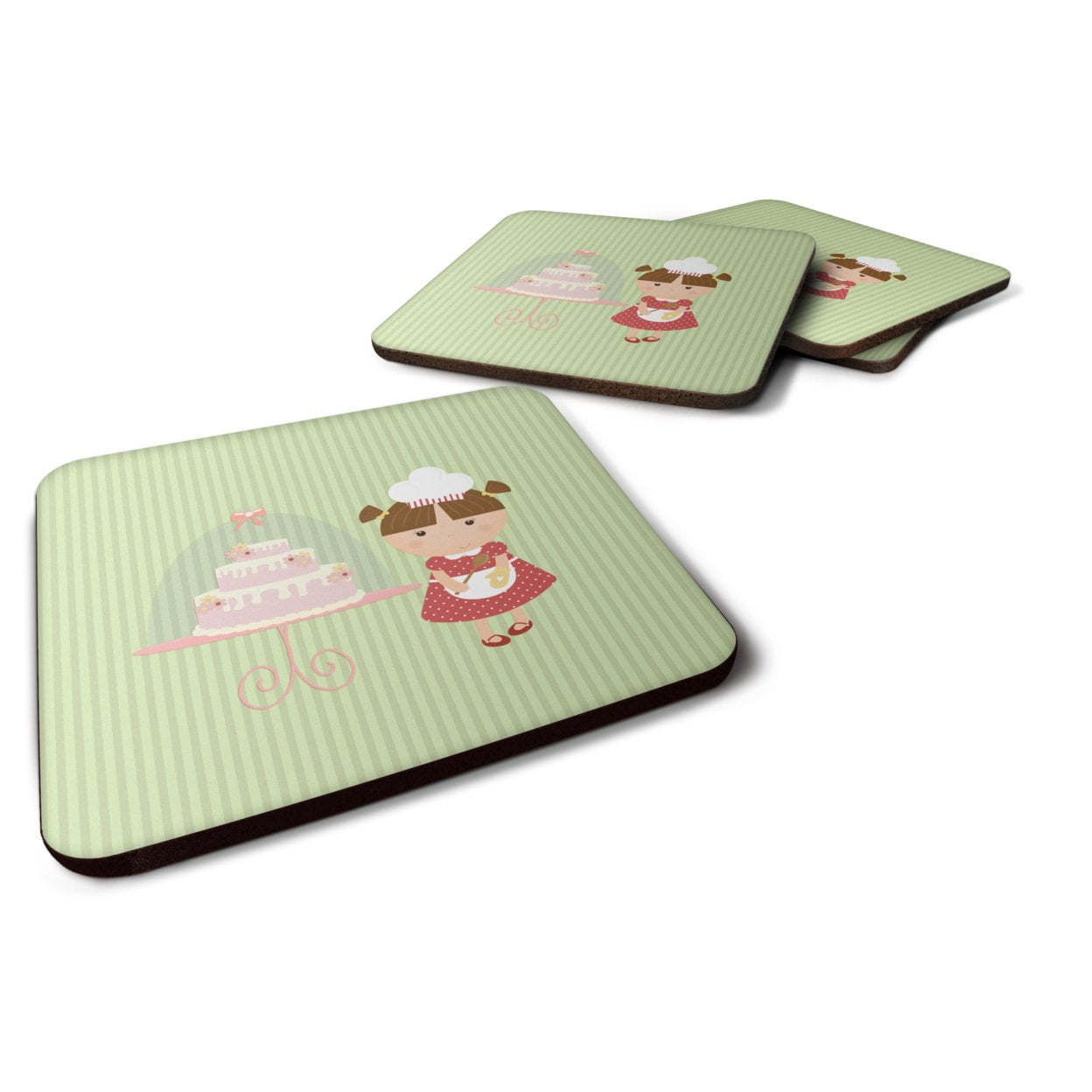 Cake Baker Brunette Green Foam Coasters - Set of 4