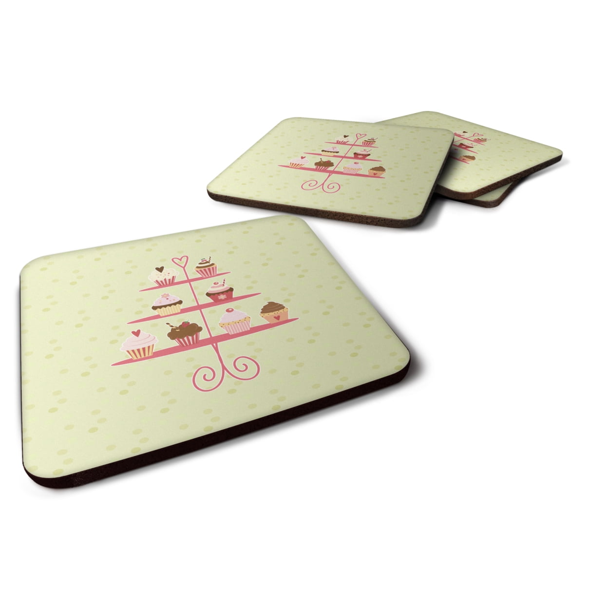 Cupcakes 3 Tier Stand on Green Foam Coasters - Set of 4