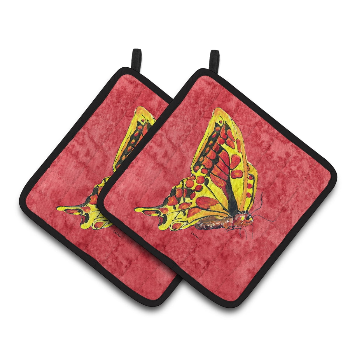 Picture of Carolines Treasures 8862PTHD Butterfly on Red Pair of Pot Holders