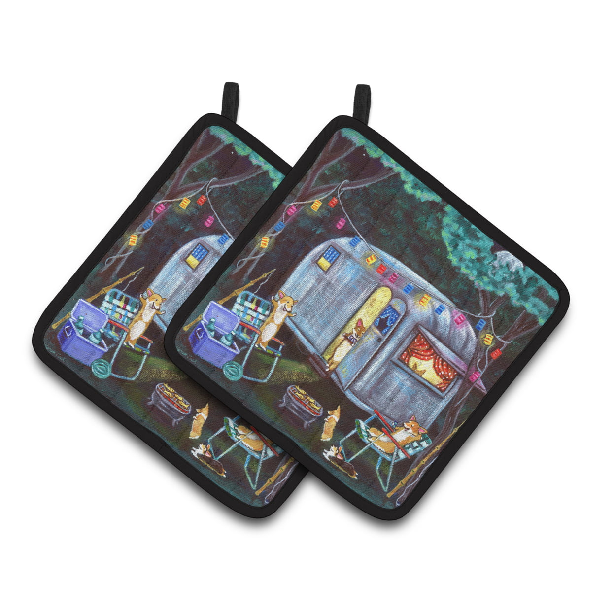 Picture of Carolines Treasures 7435PTHD Corgi Glamping Fish Tales Trailer Pair of Pot Holders