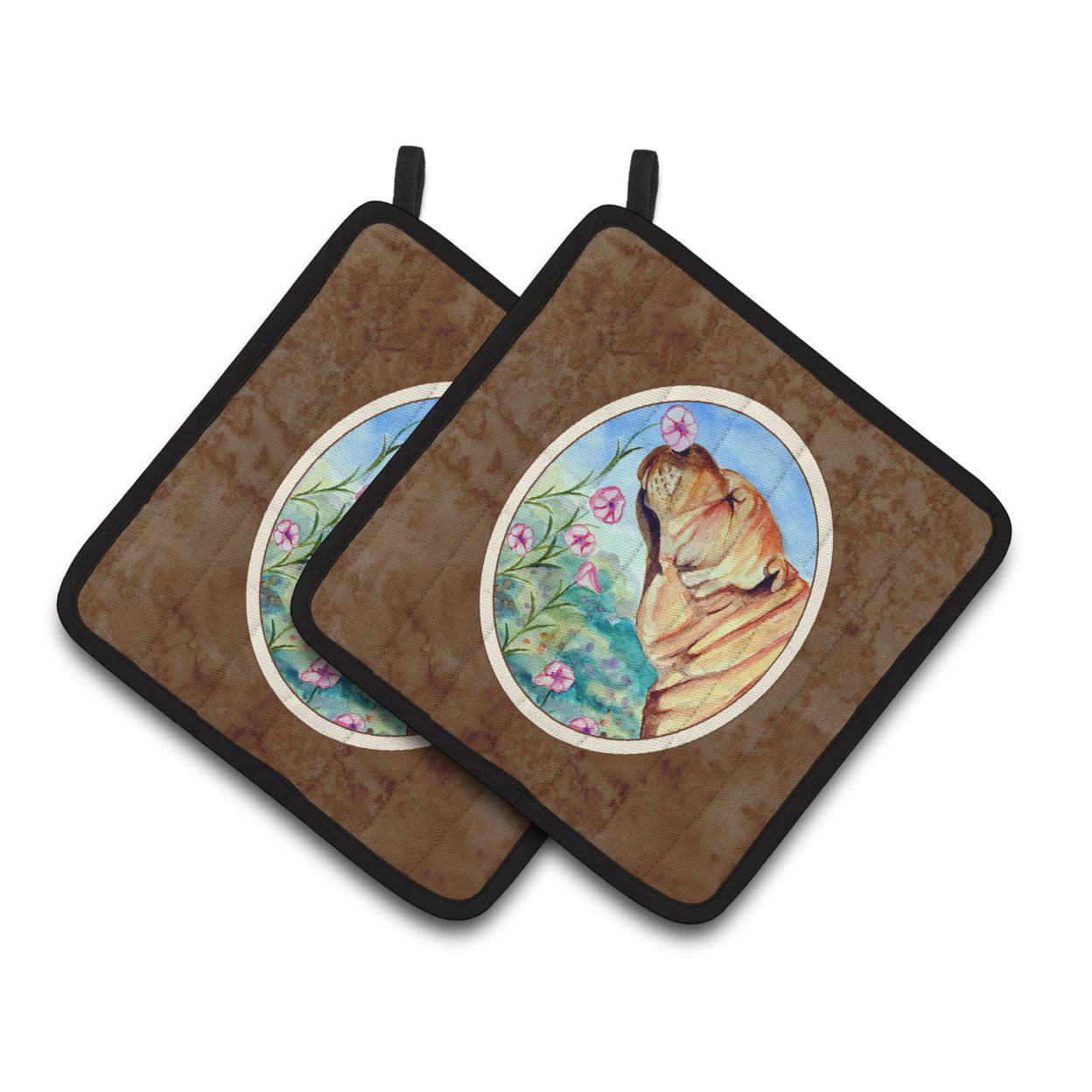 Picture of Carolines Treasures 7105PTHD Shar Pei Smell the Flowers Pair of Pot Holders