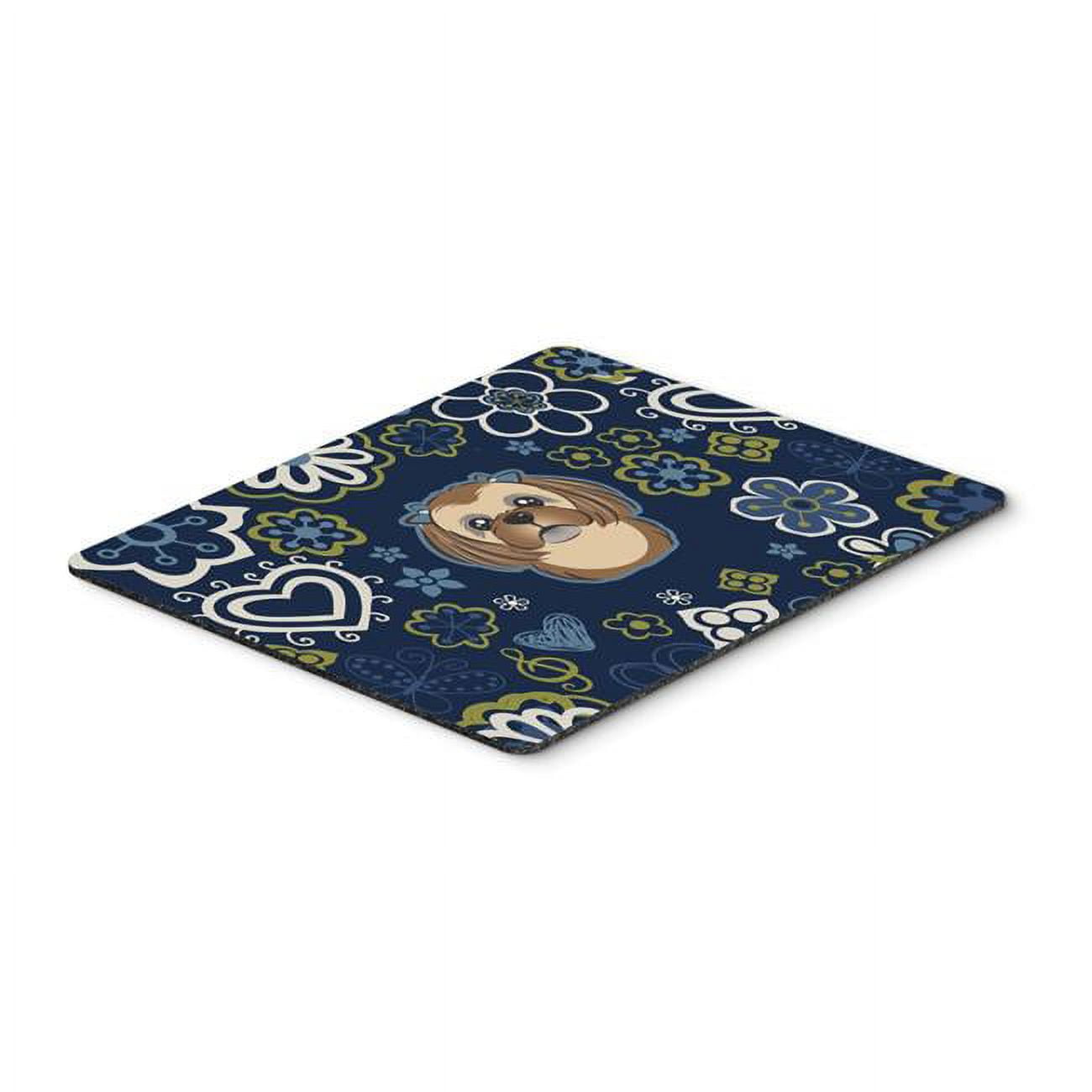 Blue Flowers Chocolate Brown Shih Tzu Mouse Pad, Hot Pad or Trivet