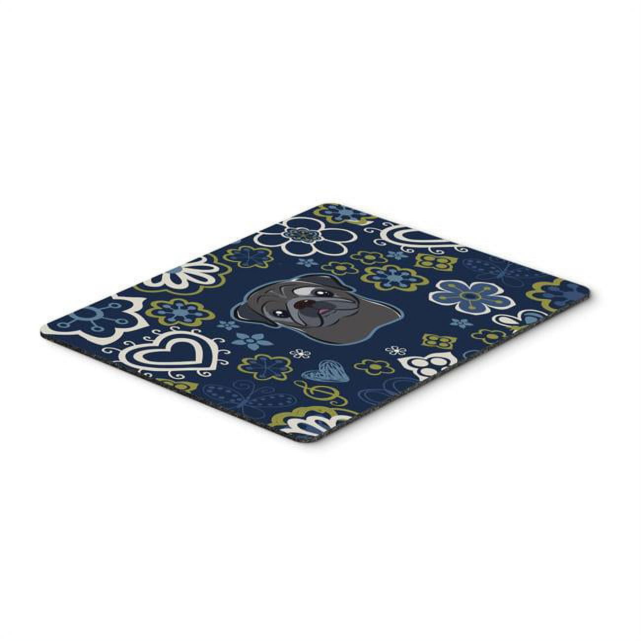 Blue Flowers Black Pug Mouse Pad, Hot Pad or Trivet