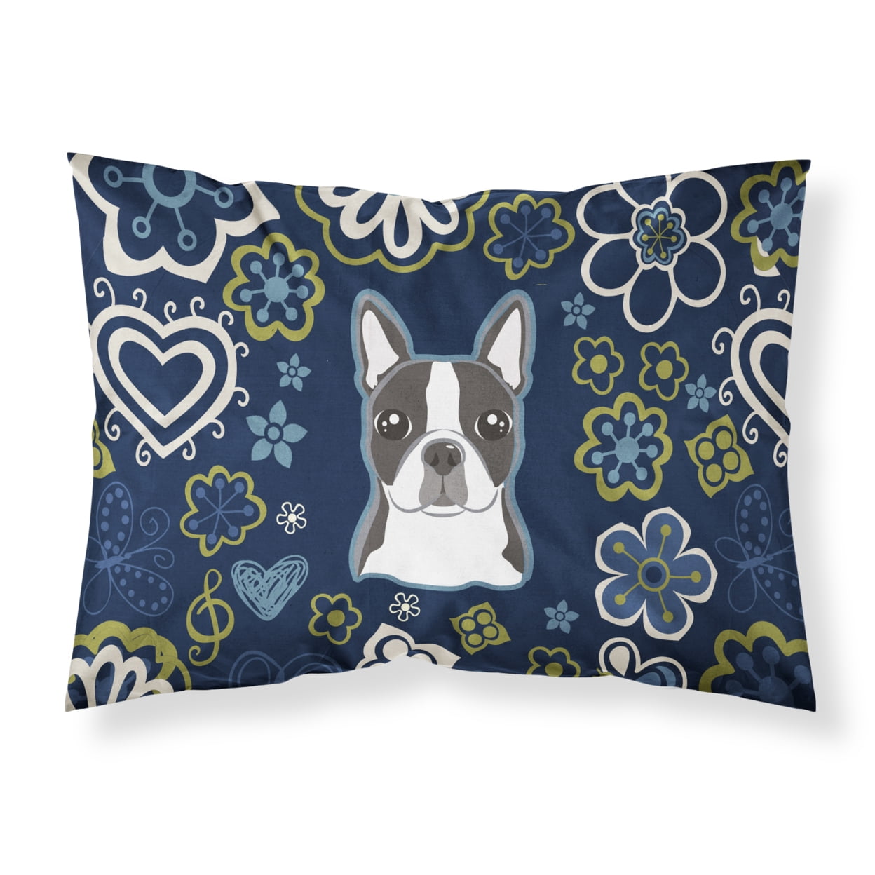 Blue Flowers Boston Terrier Fabric Standard Pillowcase