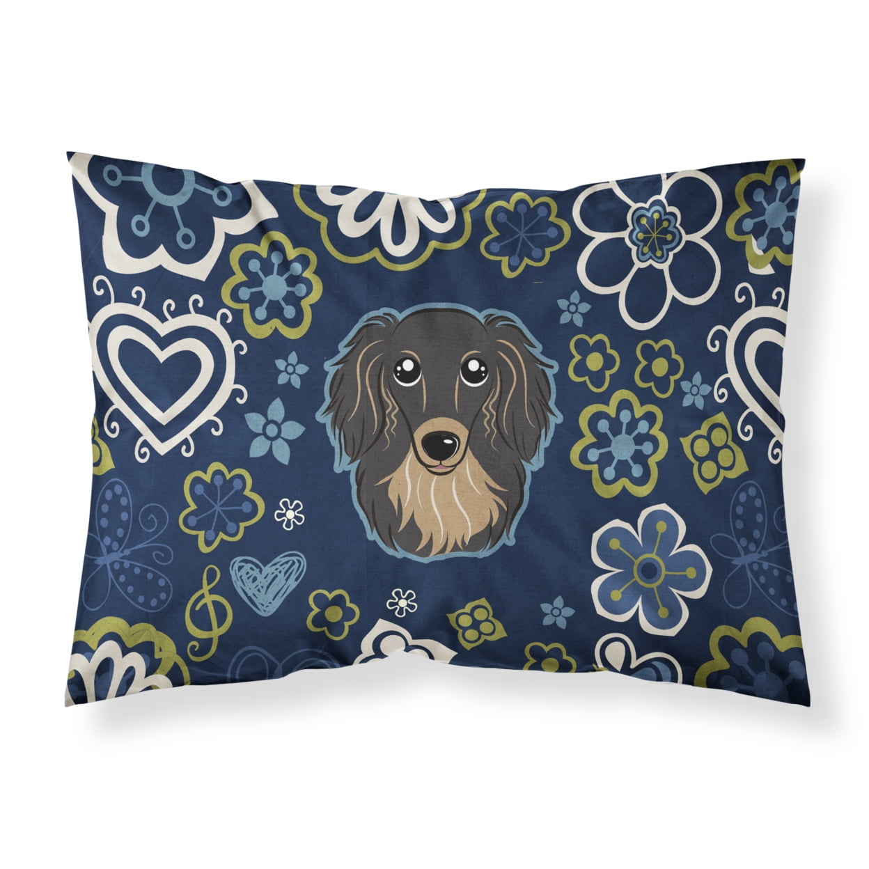 Blue Flowers Longhair Black & Tan Dachshund Fabric Standard Pillowcase
