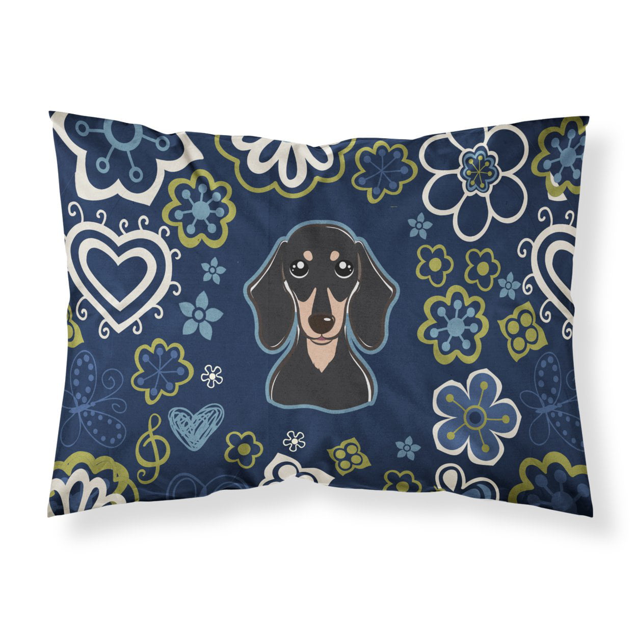 Blue Flowers Smooth Black & Tan Dachshund Fabric Standard Pillowcase