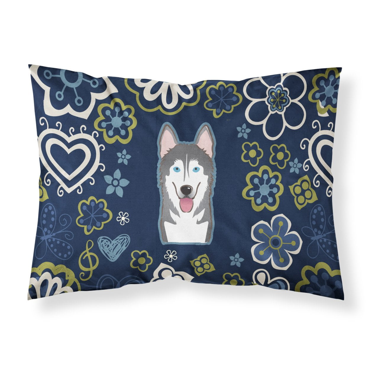Blue Flowers Alaskan Malamute Fabric Standard Pillowcase