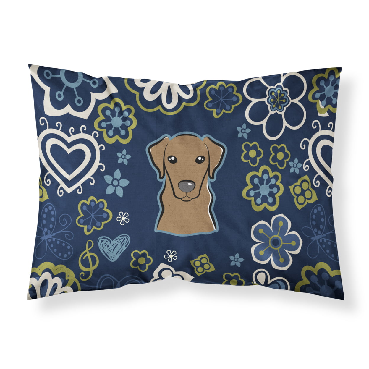 Blue Flowers Chocolate Labrador Fabric Standard Pillowcase