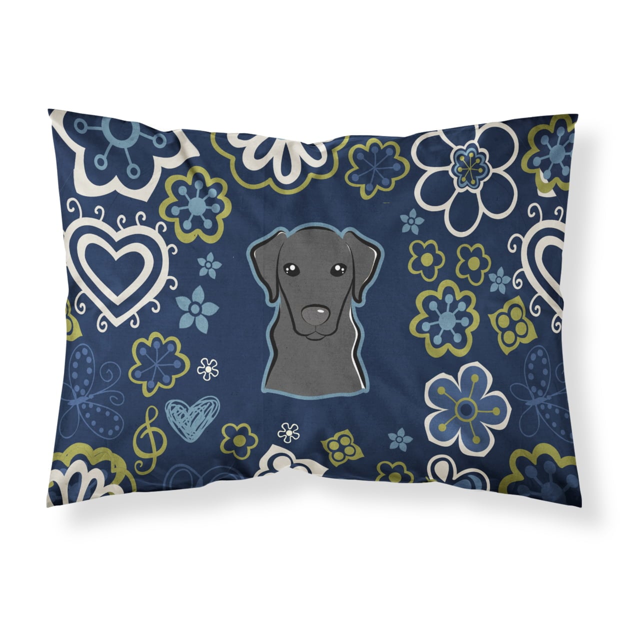 BB5086PILLOWCASE Blue Flowers Black Labrador Fabric Standard Pillowcase