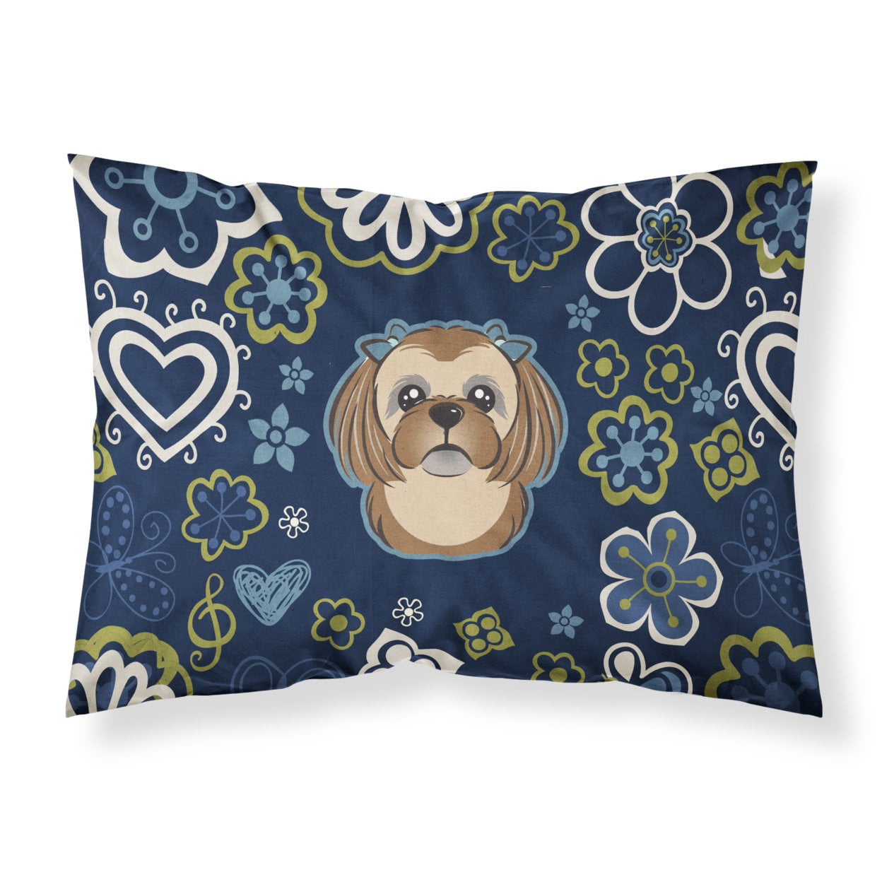 Blue Flowers Chocolate Brown Shih Tzu Fabric Standard Pillowcase