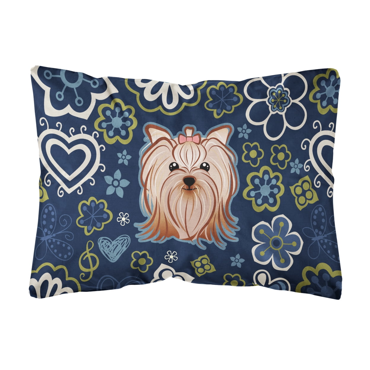 Blue Flowers Yorkie Yorkishire Terrier Canvas Fabric Decorative Pillow