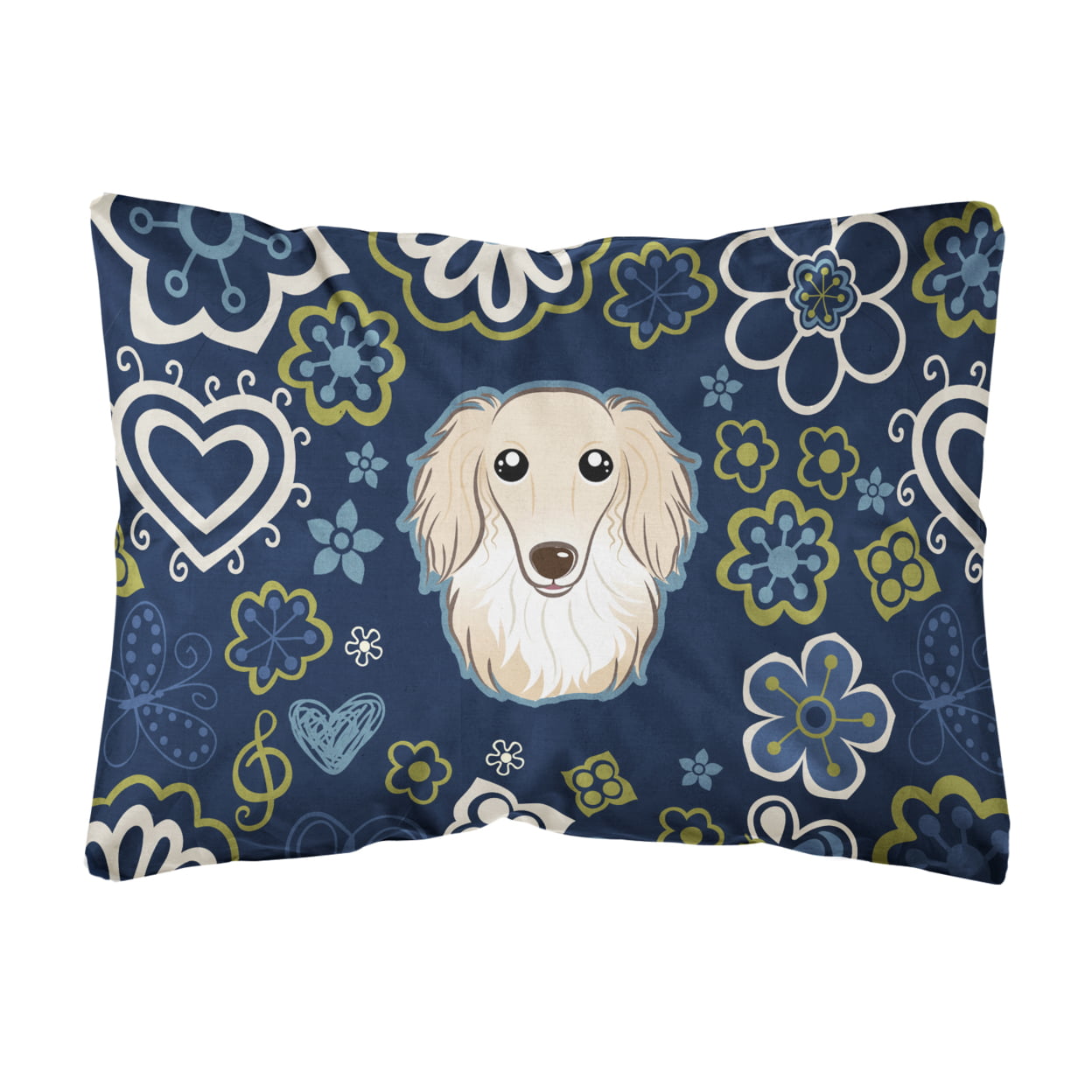 Blue Flowers Longhair Creme Dachshund Canvas Fabric Decorative Pillow