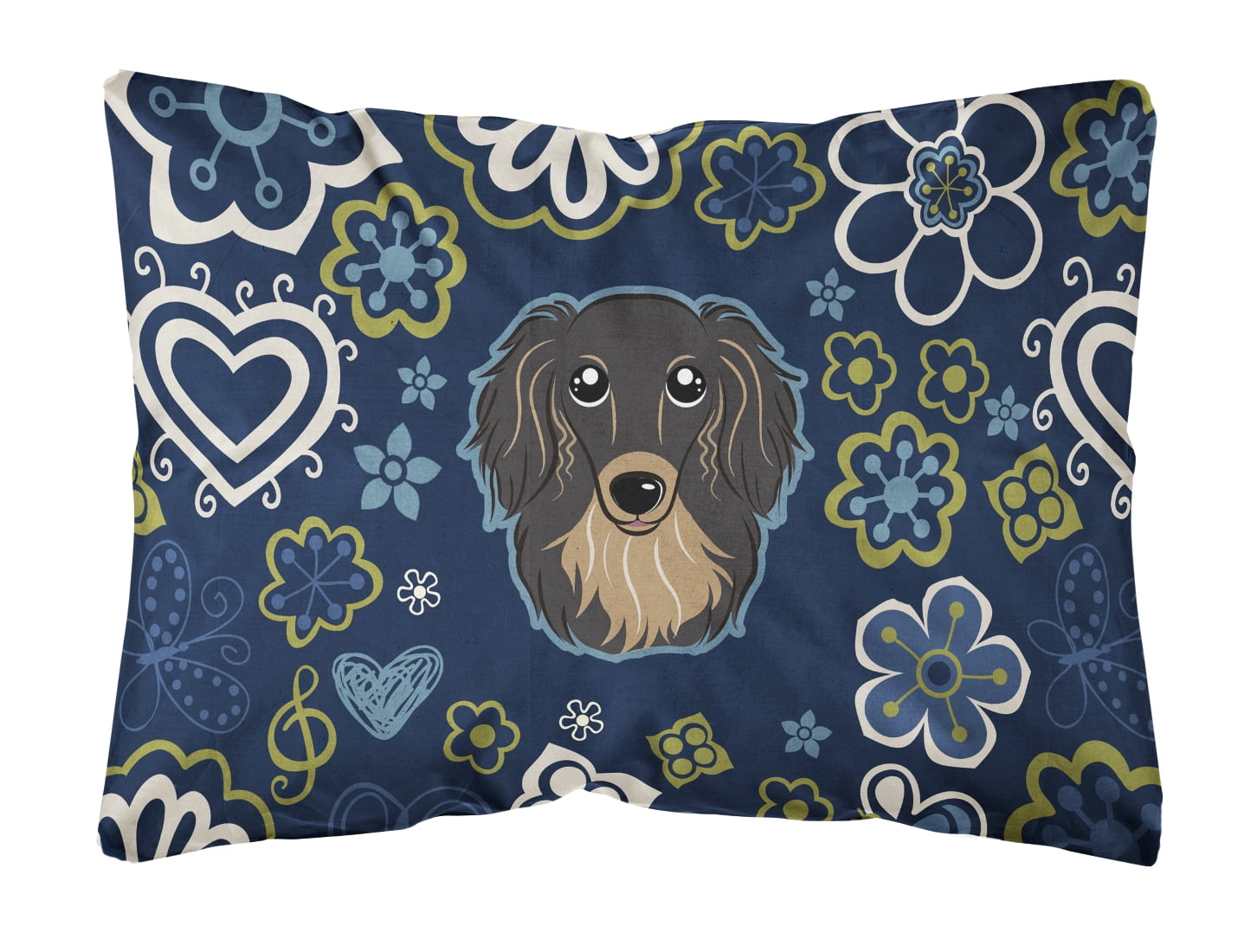 Blue Flowers Longhair Black & Tan Dachshund Canvas Fabric Decorative Pillow