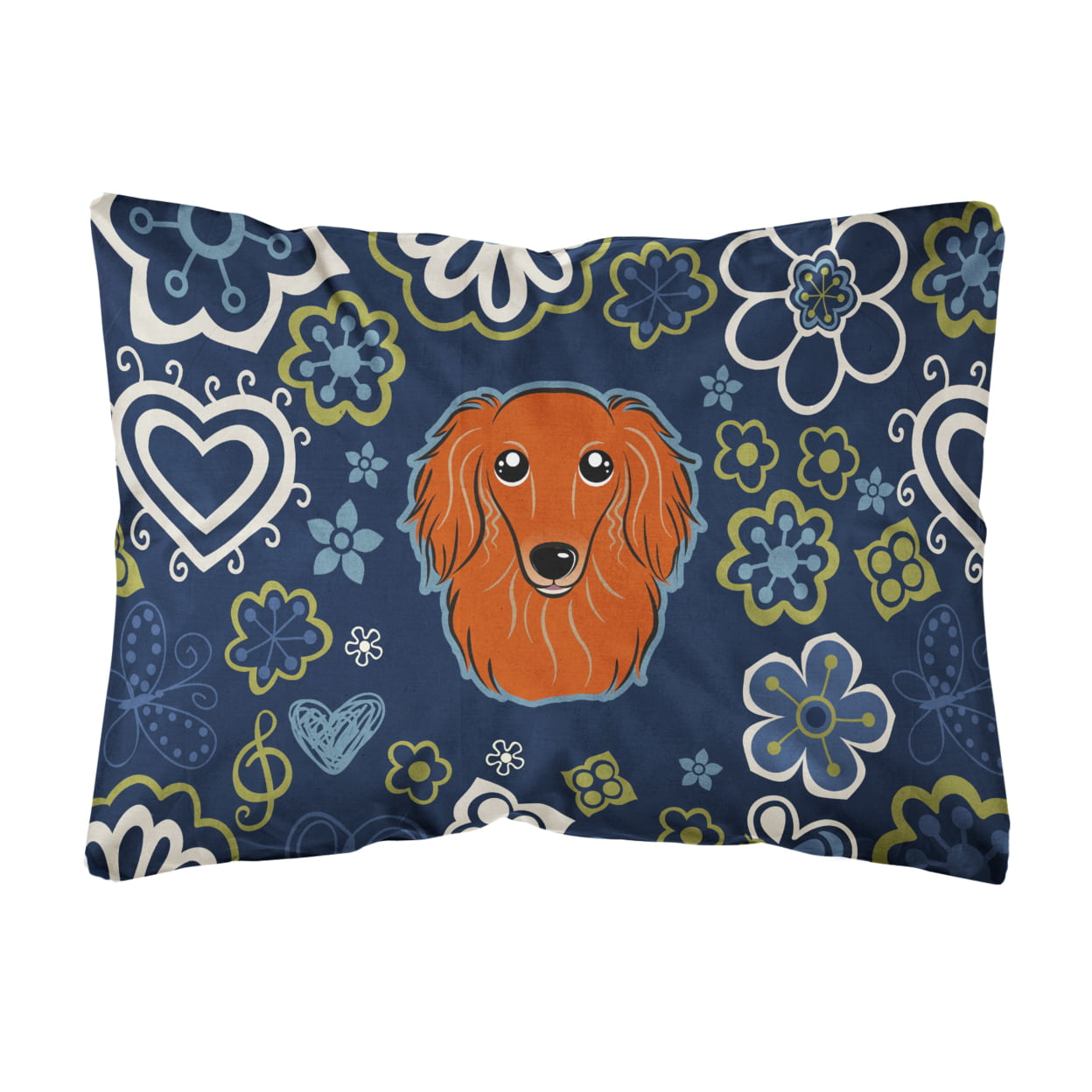 Blue Flowers Longhair Red Dachshund Canvas Fabric Decorative Pillow