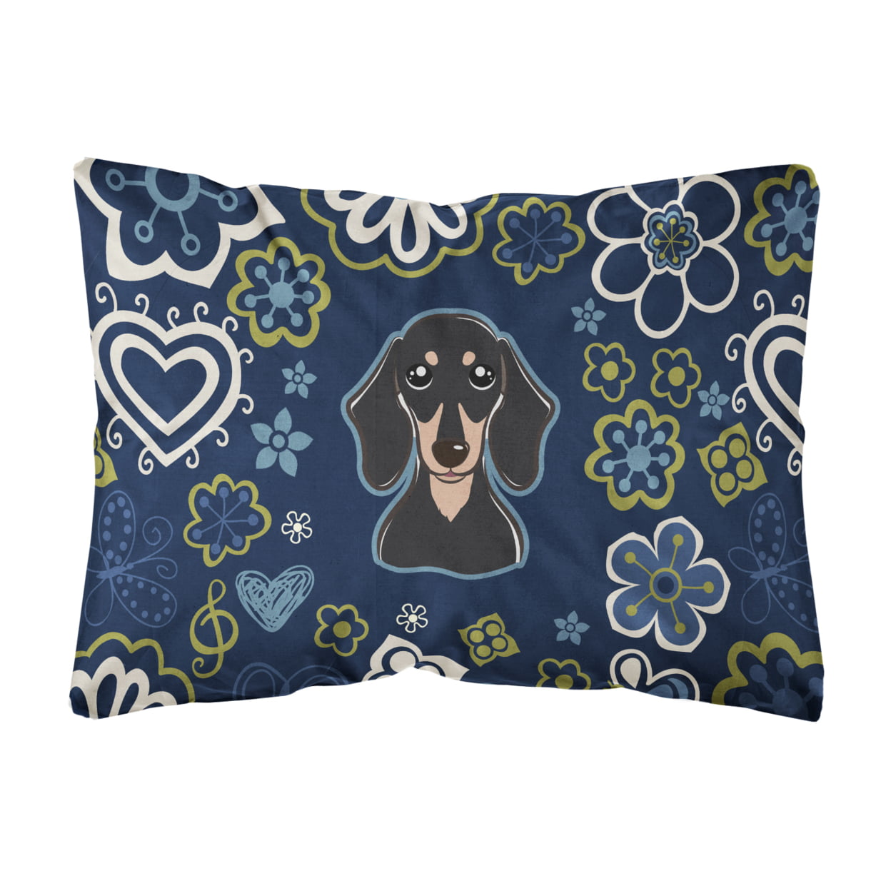 Blue Flowers Smooth Black & Tan Dachshund Canvas Fabric Decorative Pillow
