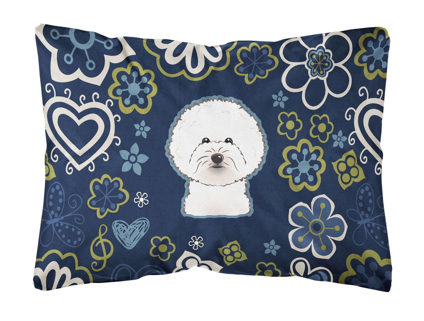 Blue Flowers Bichon Frise Canvas Fabric Decorative Pillow