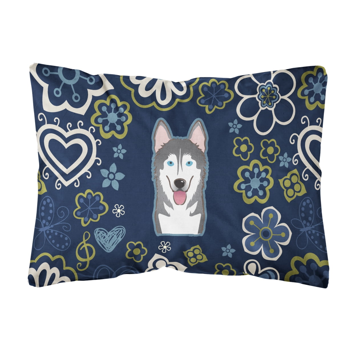 Blue Flowers Alaskan Malamute Canvas Fabric Decorative Pillow