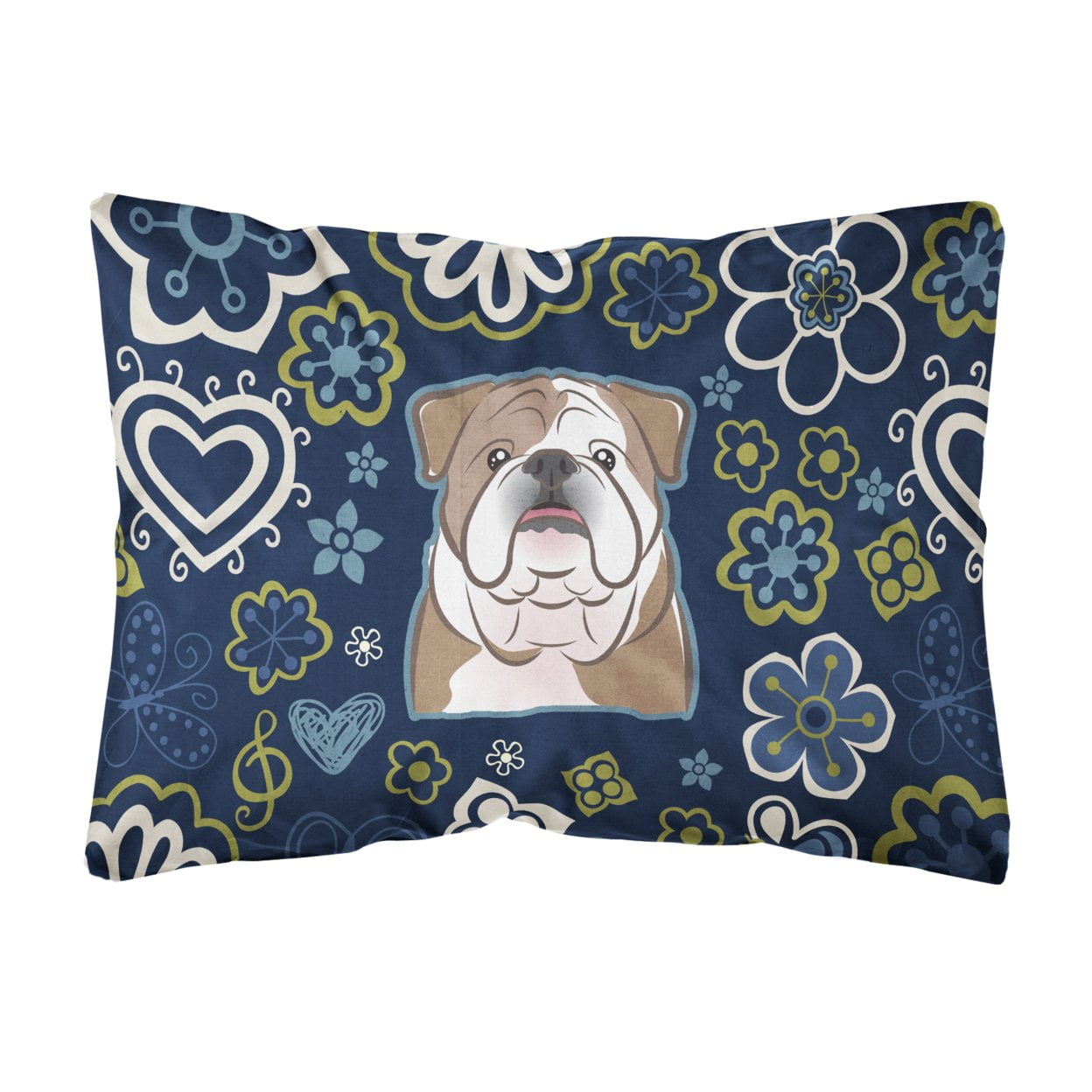 Blue Flowers English Bulldog Canvas Fabric Decorative Pillow