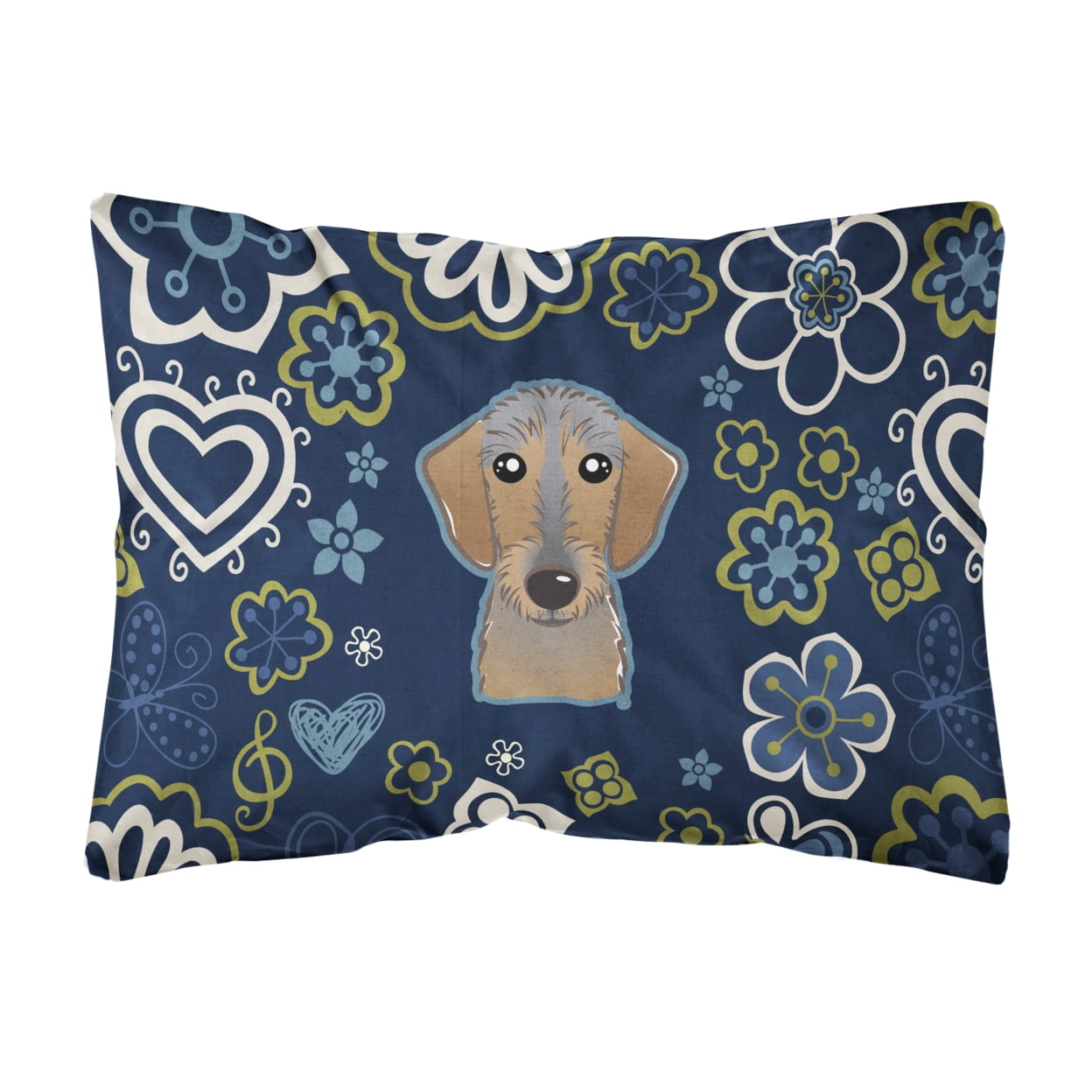 Blue Flowers Wirehaired Dachshund Canvas Fabric Decorative Pillow