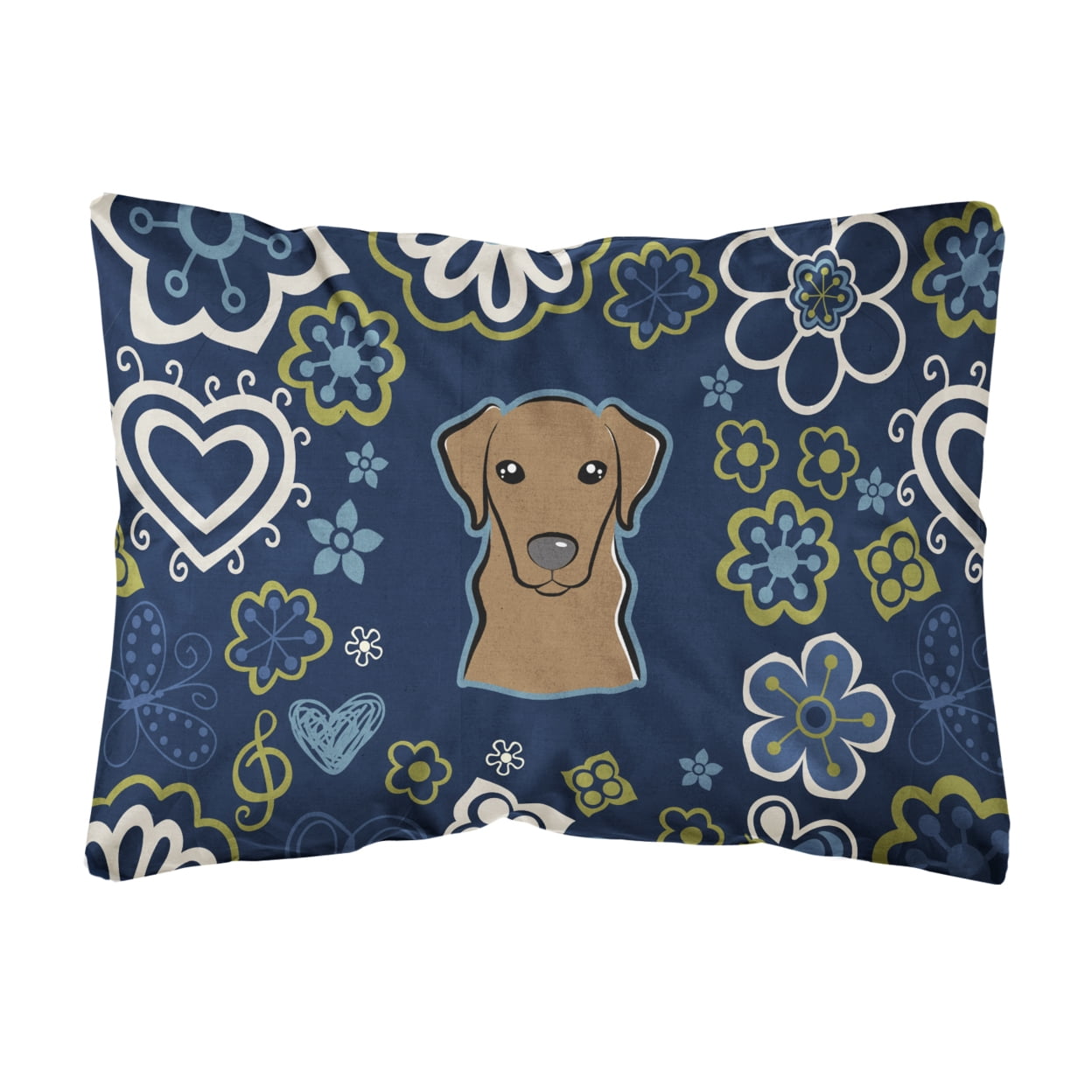 Blue Flowers Chocolate Labrador Canvas Fabric Decorative Pillow