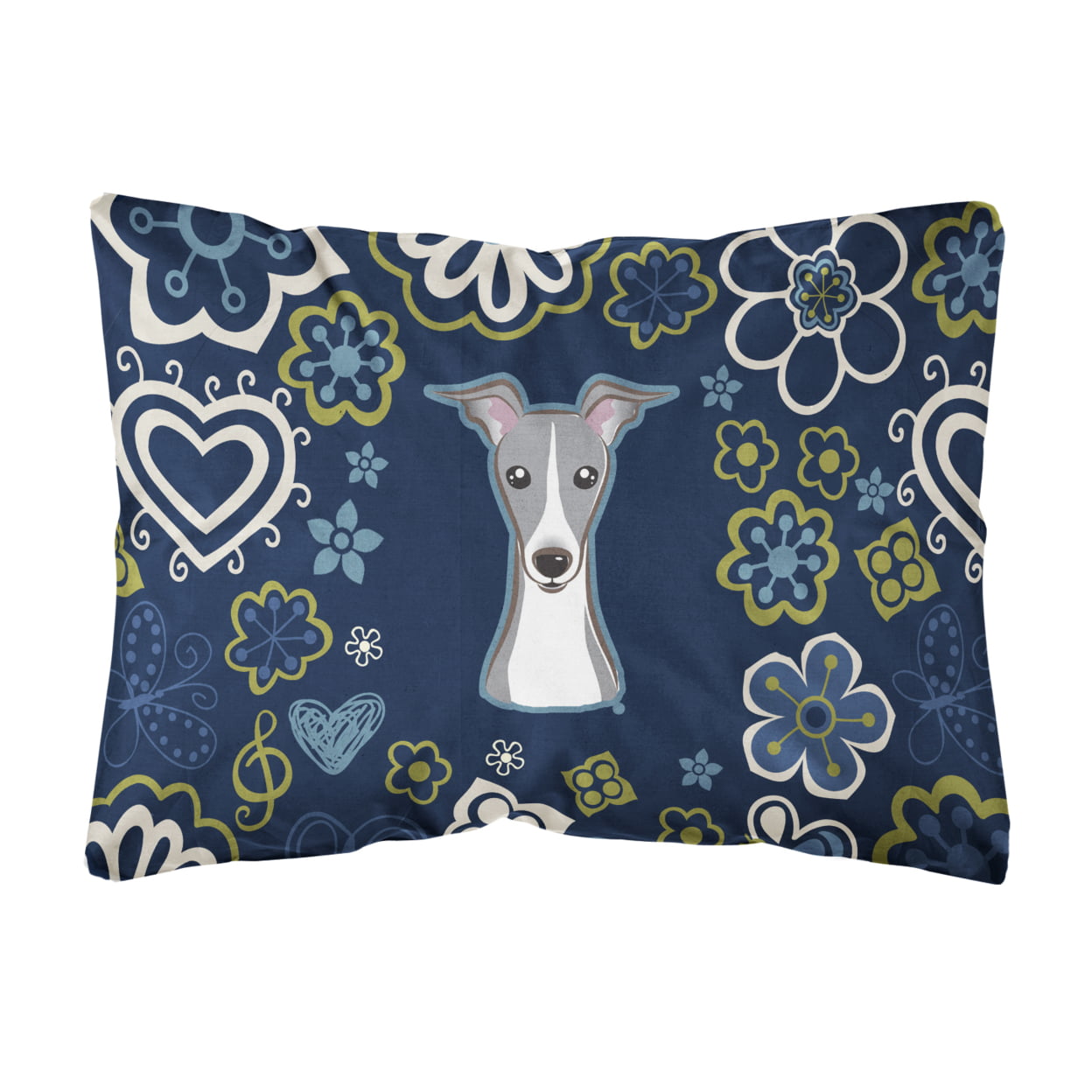 Blue Flowers Italian Greyhound Canvas Fabric Decorative Pillow