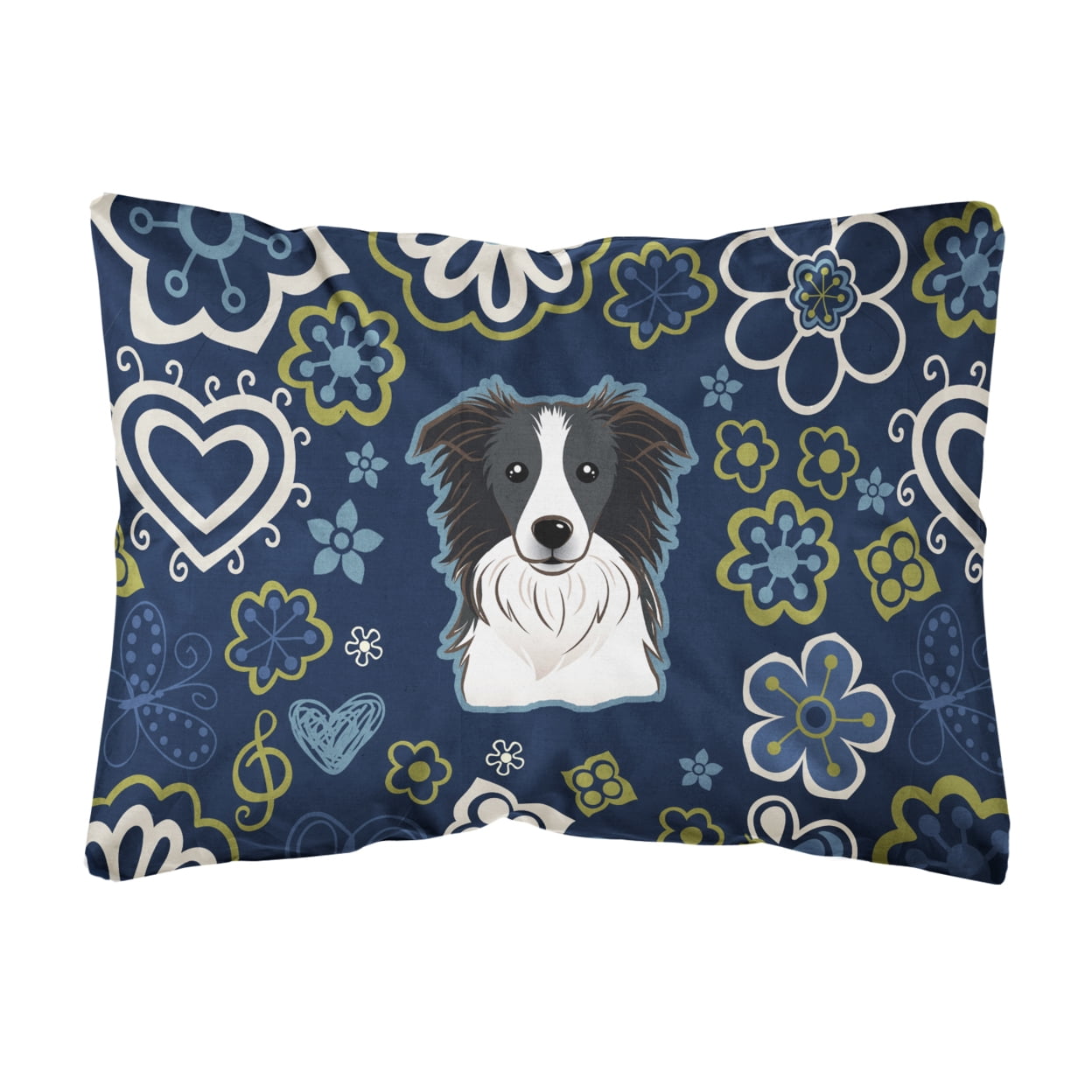 Blue Flowers Border Collie Canvas Fabric Decorative Pillow