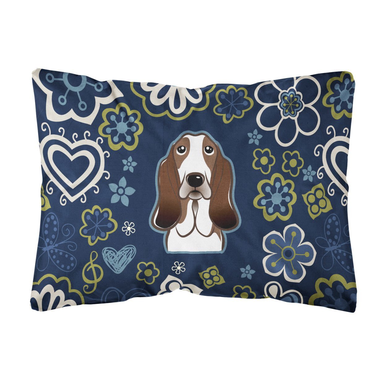 Blue Flowers Basset Hound Canvas Fabric Decorative Pillow