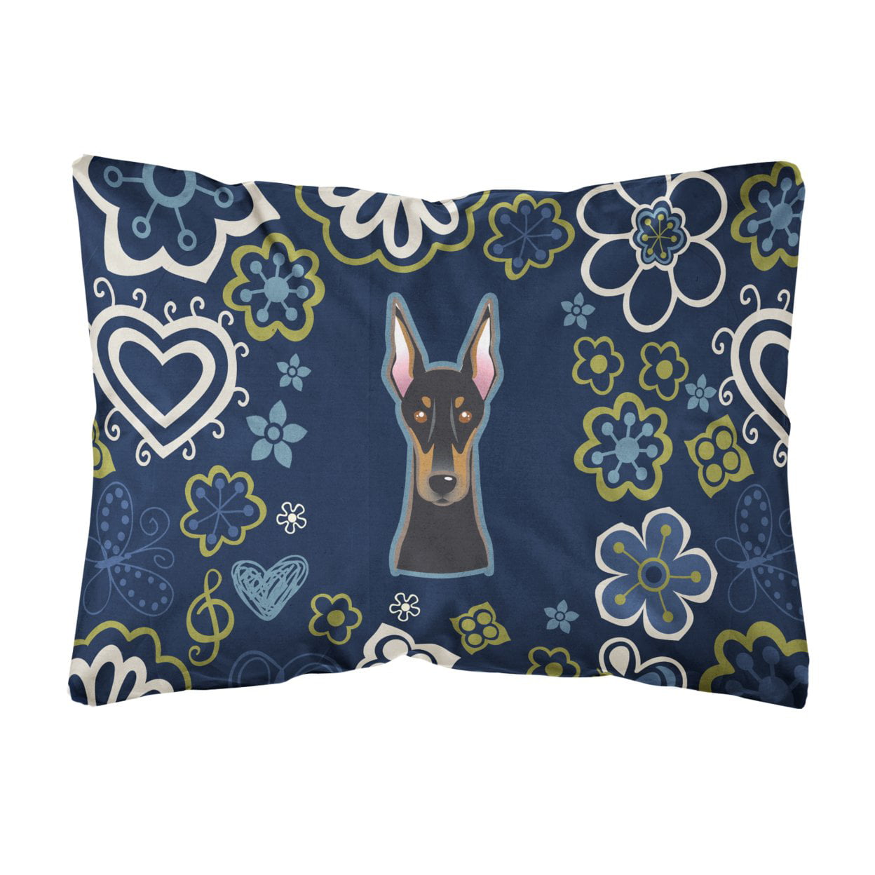 Blue Flowers Doberman Pinscher Canvas Fabric Decorative Pillow